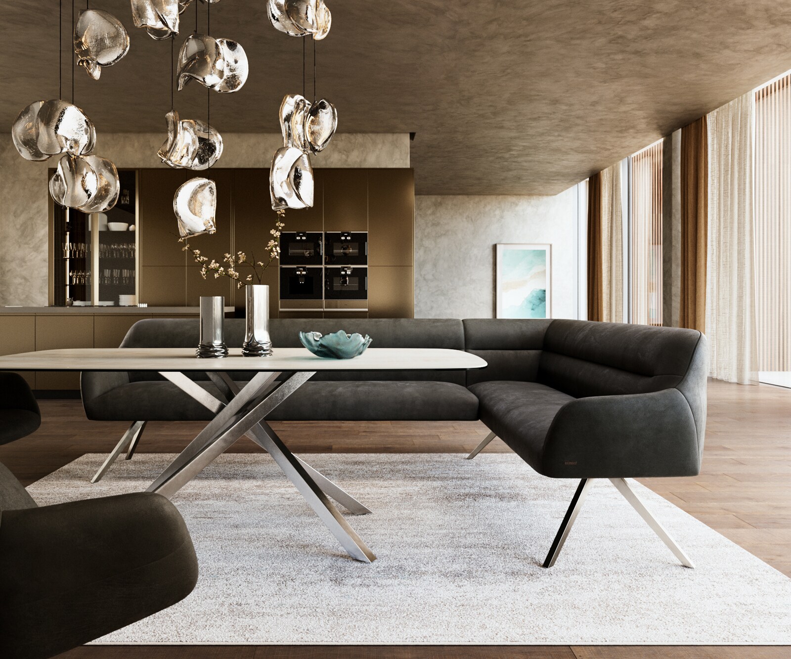 Esszimmerbank Taya-Flex 285x190 cm Mikrofaser Anthrazit Vintage Kreuzgestell kantig Edelstahl Taschenfederkern Links 1