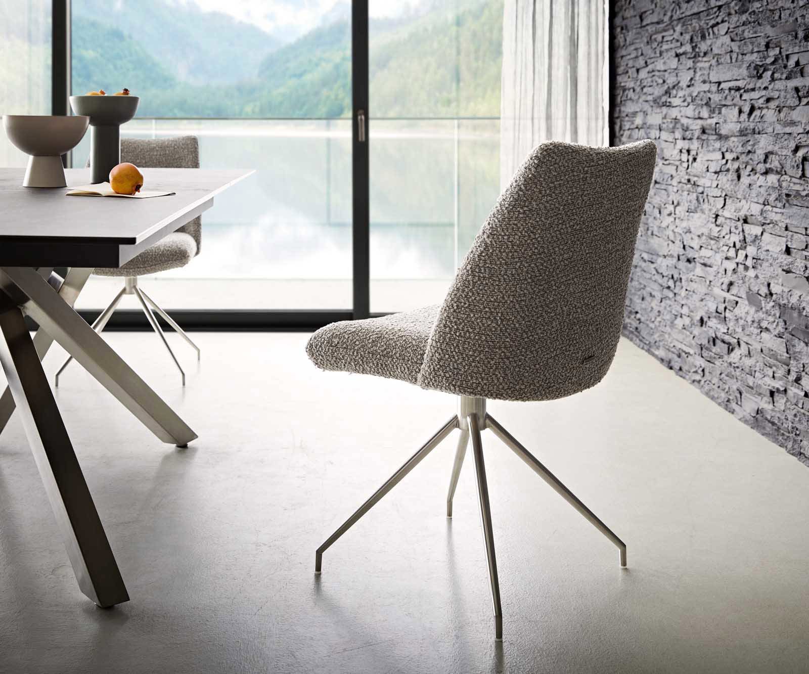 Drehstuhl Elso-Flex Bouclé Silbergrau Kreuzgestell konisch Edelstahl 180° drehbar Taschenfederkern 4 Drehstuhl Elso-Flex Bouclé Silbergrau Kreuzgestell konisch Edelstahl 180° drehbar Taschenfederkern 4