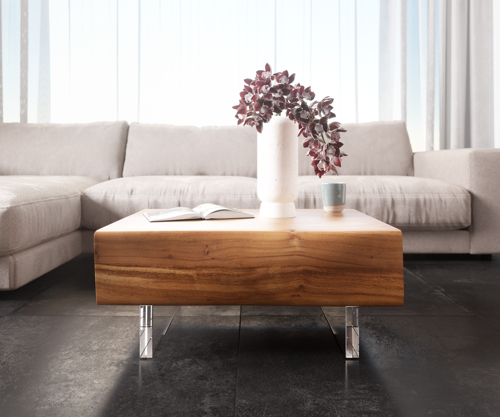 Table-basse New Live-Edge 80x60 cm acacia naturel 2 tiroirs pied acrylique 1 Table-basse New Live-Edge 80x60 cm acacia naturel 2 tiroirs pied acrylique 1