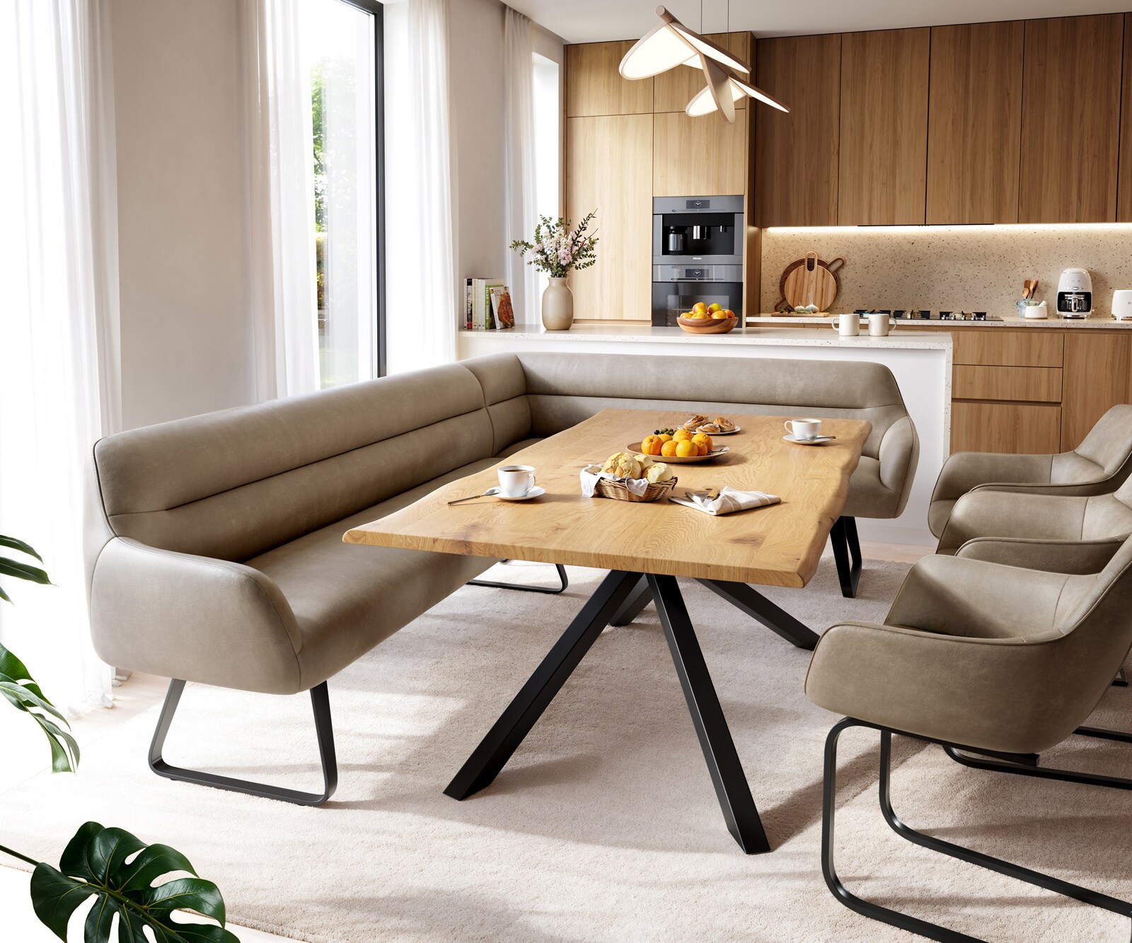 Esszimmerbank Taya-Flex 285x190 cm Mikrofaser Beige Vintage Kufengestell flach Schwarz Taschenfederkern Links