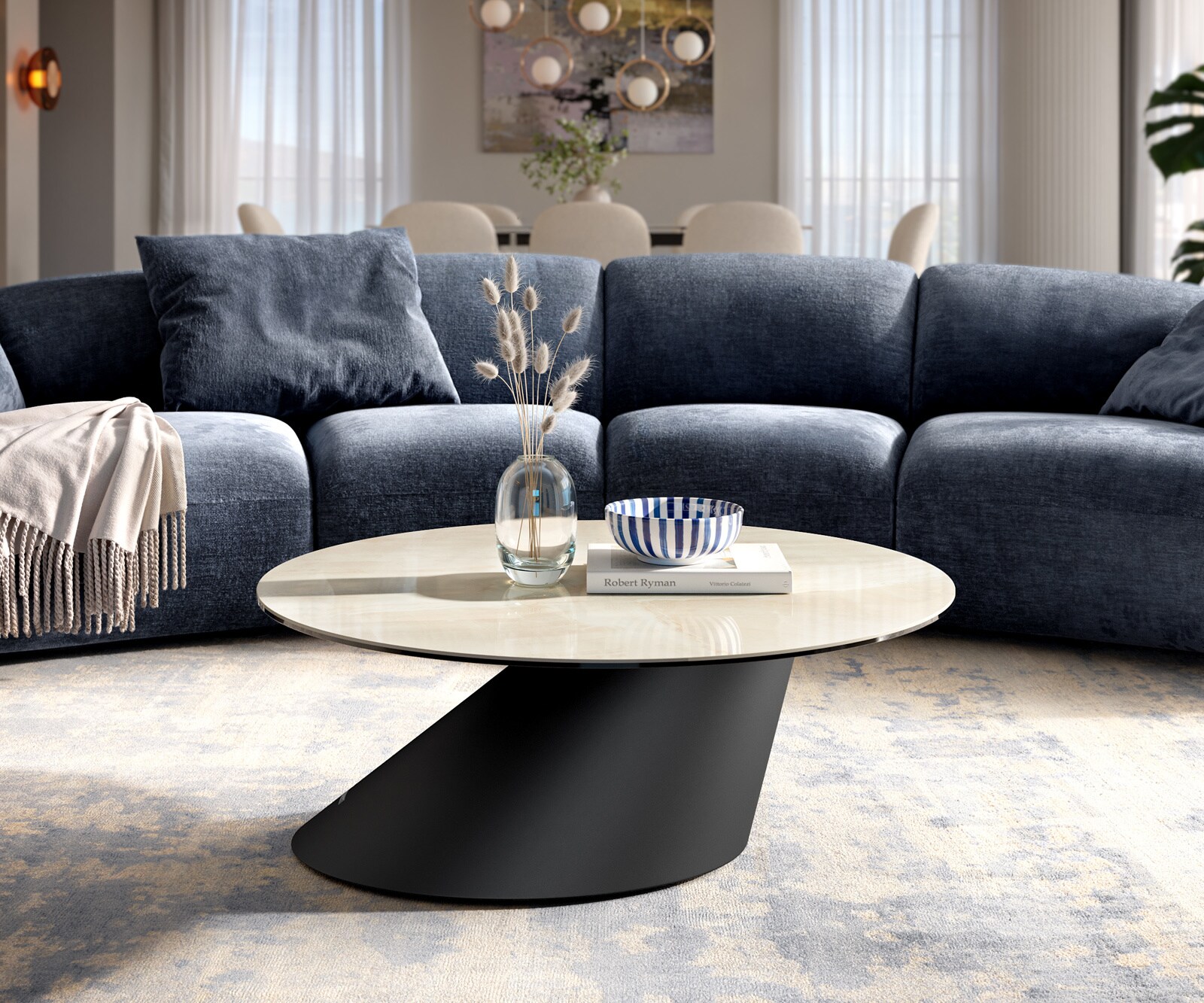 Table basse Edge ronde 90x90 cm céramique Onyx Champagne Conis métal noir 6