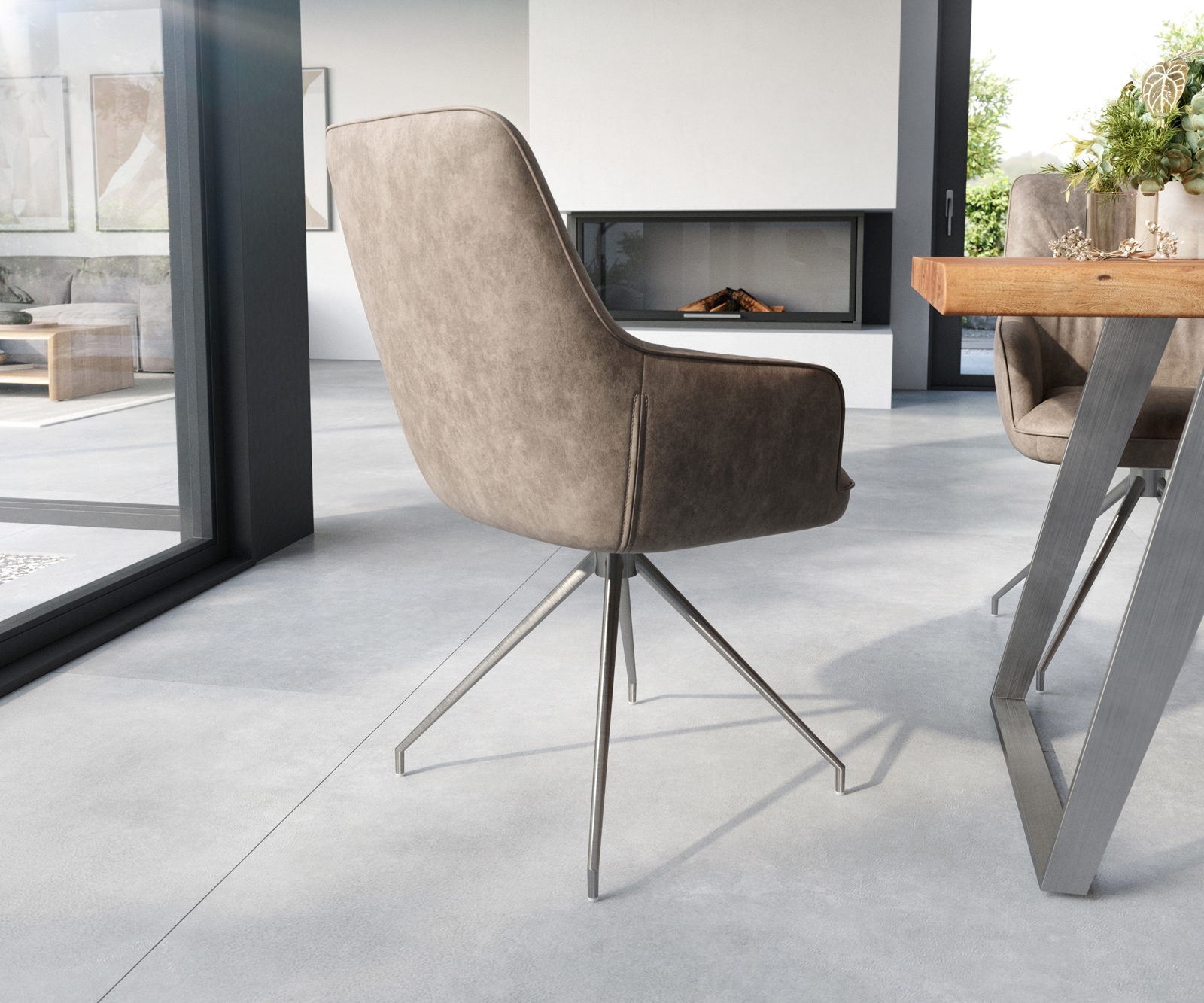 Esszimmerstuhl Zelia-Flex mit Armlehnen Mikrofaser Taupe Vintage Kreuzgestell konisch Edelstahl Taschenfederkern 4 Esszimmerstuhl Zelia-Flex mit Armlehnen Mikrofaser Taupe Vintage Kreuzgestell konisch Edelstahl Taschenfederkern 4