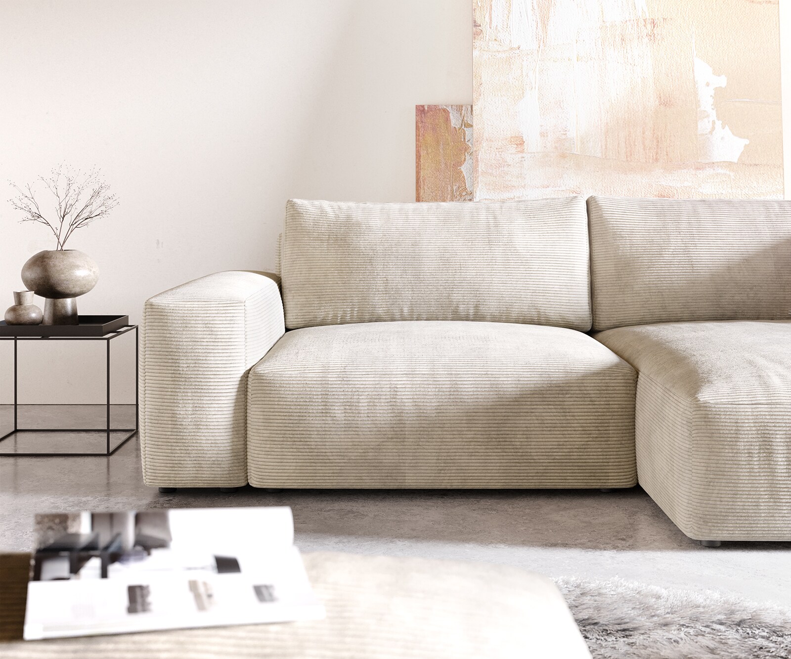 Canapé d'angle Lanzo XL 270x180 cm Velours côtelé Beige Recamière variable avec Tabouret 4