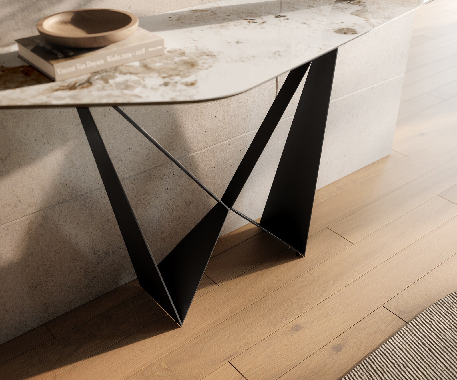 Konsolentisch Edge Polygonal 140x50 cm Keramik Minas Melange Weiß-Beige Spios Metall Schwarz 6