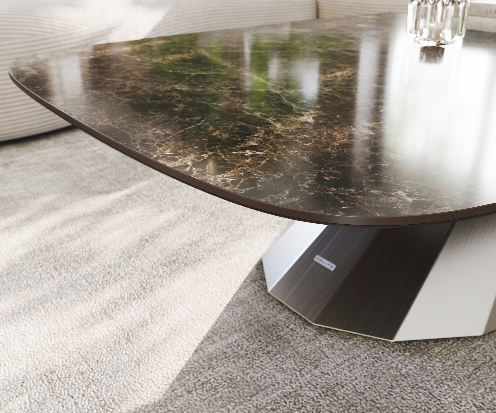 Table basse Edge bateau 140x80 cm céramique Emperador Extra Lucidato brun foncé Parabi acier inoxydable brossé 6