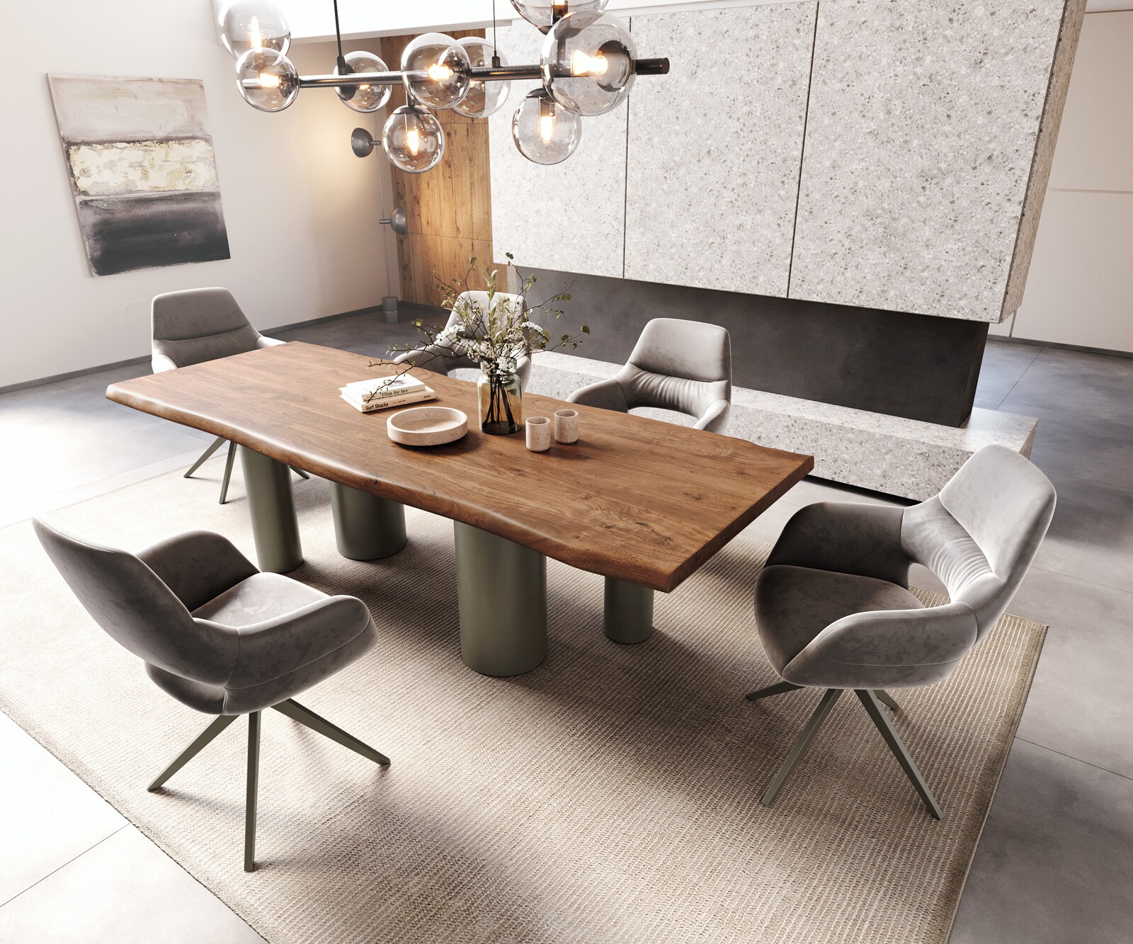 Table à manger Edge 260x100 XL Acacia Marron Pilier Métal finition à effet Titane Live-Edge 4