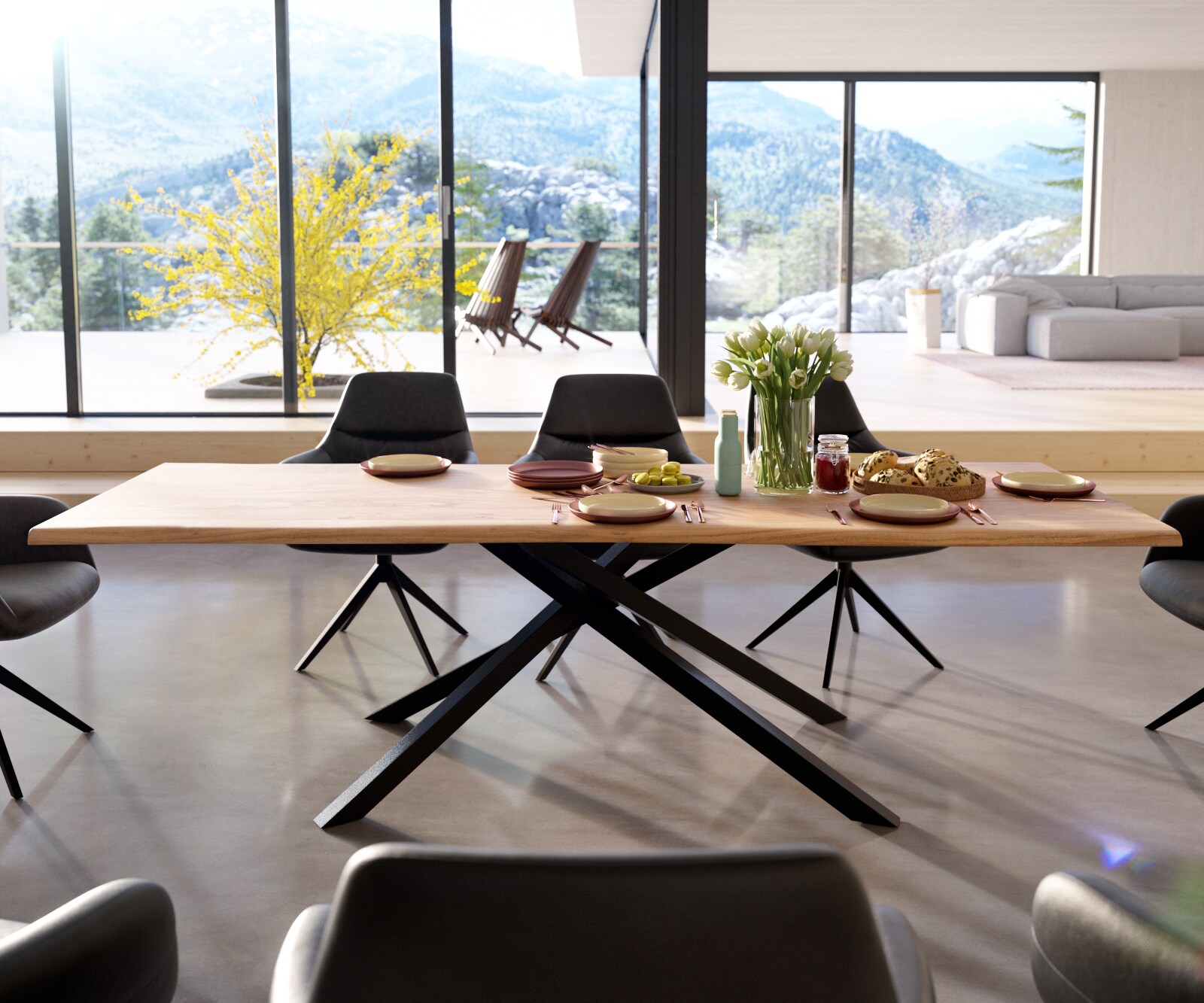 Esstisch Edge 260x100 Akazie Natur Kreuzgestell Rechteck Schwarz Live-Edge 1