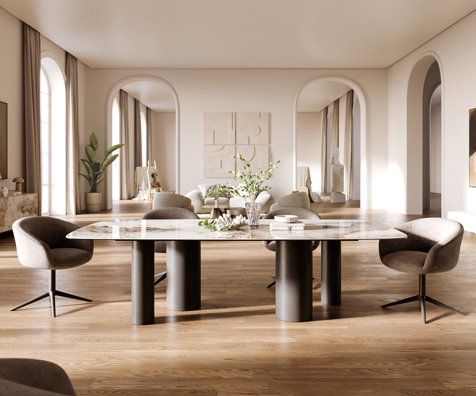 Esstisch Edge Boot 260x120 cm Keramik Minas Melange Weiß-Beige Pilier Metall Schwarz 1