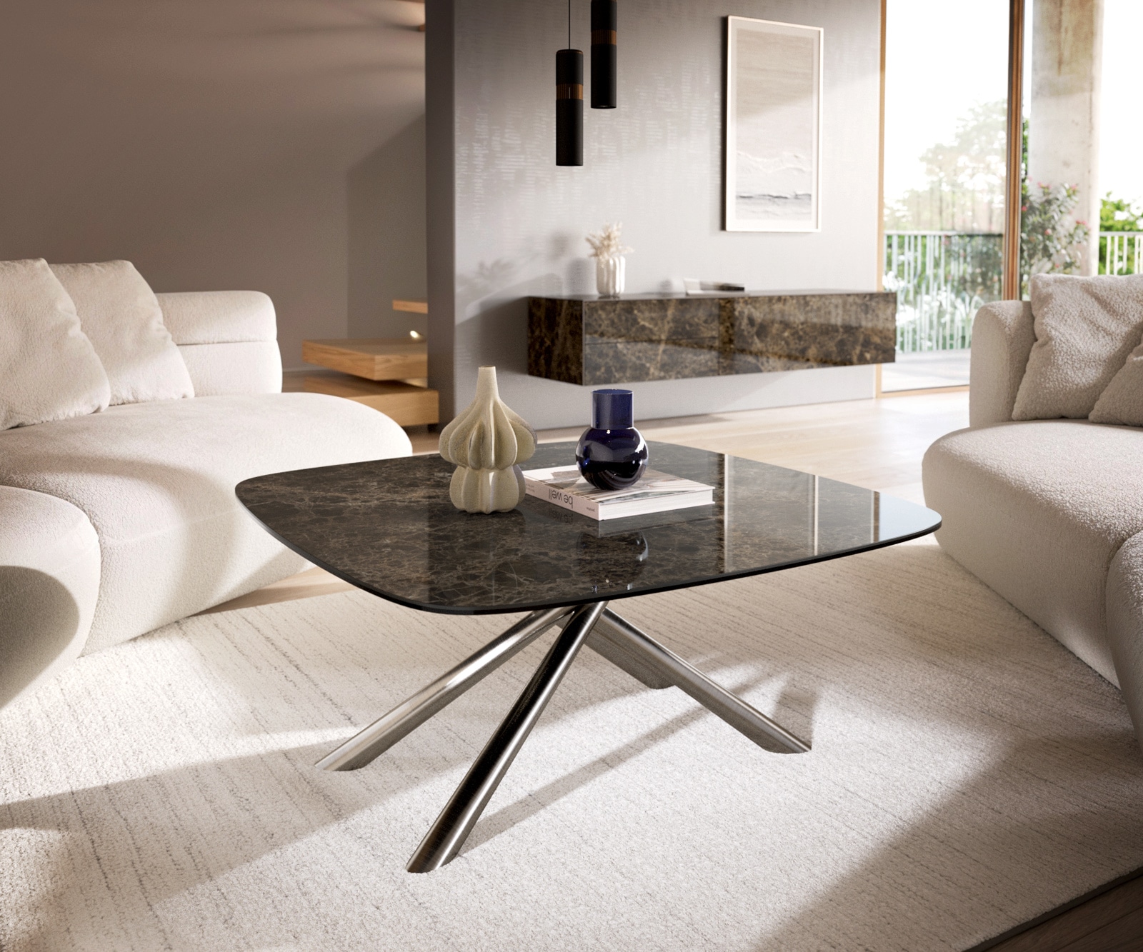 Table basse Edge Boot 90x90 cm céramique Laminam® Emperador Extra Lucidato brun foncé Sarity acier inoxydable brossé 1