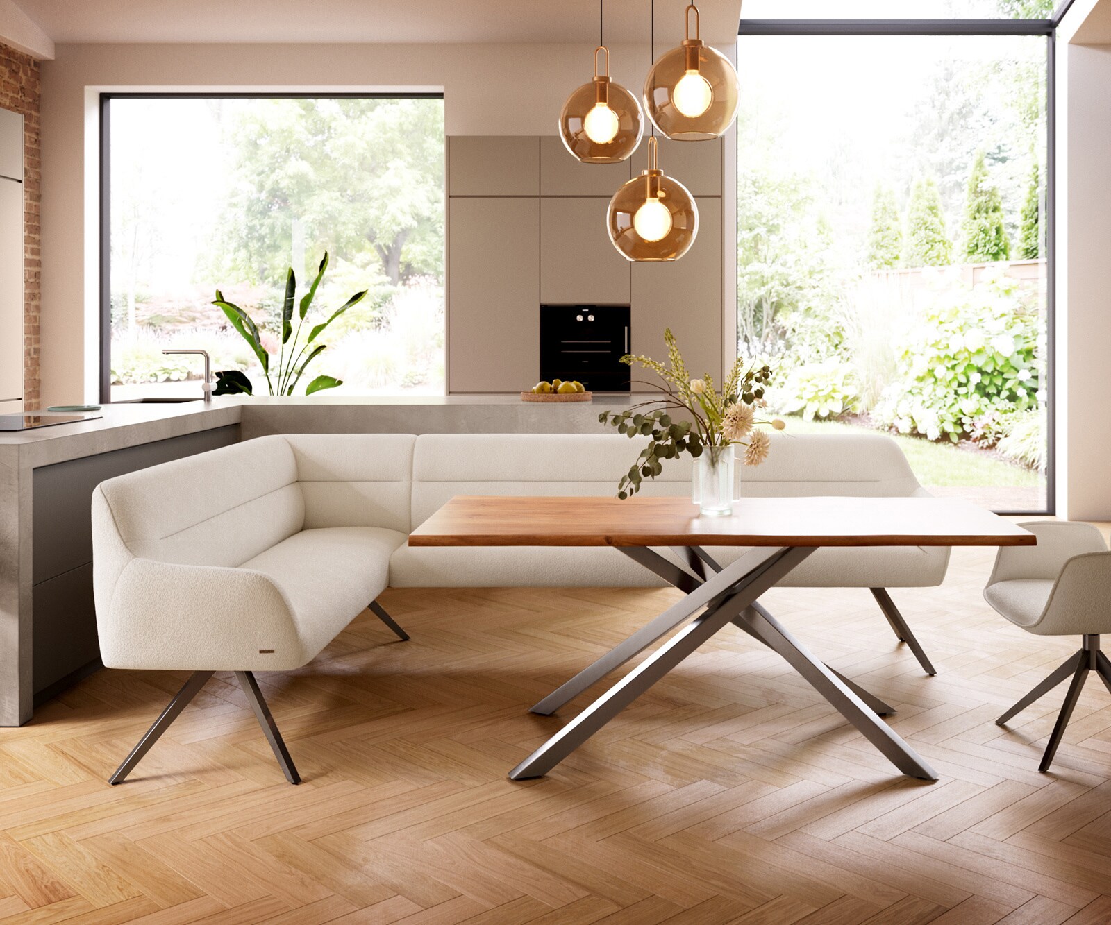 Banc-de-salle-à-manger Taya-Flex 285x190 cm bouclé crème-blanc pied croisé angulaire grafiete ressort ensaché liens 2