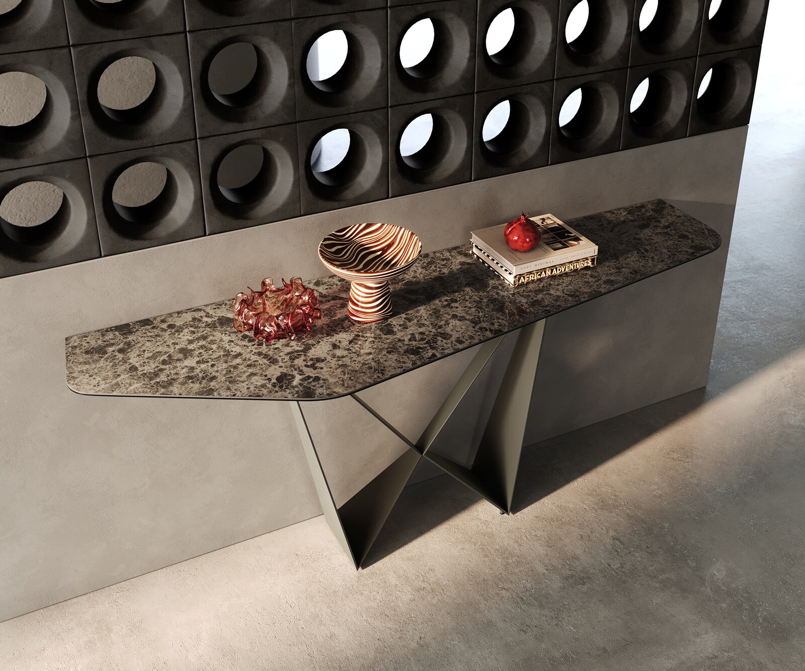 Console Edge Polygonal 180x50 cm Céramique Emperador Extra Lucidato Dunkelbraun Spios Métal Effektfinish Titan 1