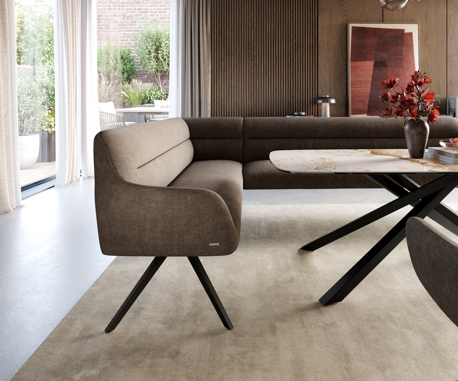 Banc-de-salle-à-manger Taya-Flex 285x190 cm tissu structuré doux taupe pied croisé angulaire noir ressort ensaché à droite 5