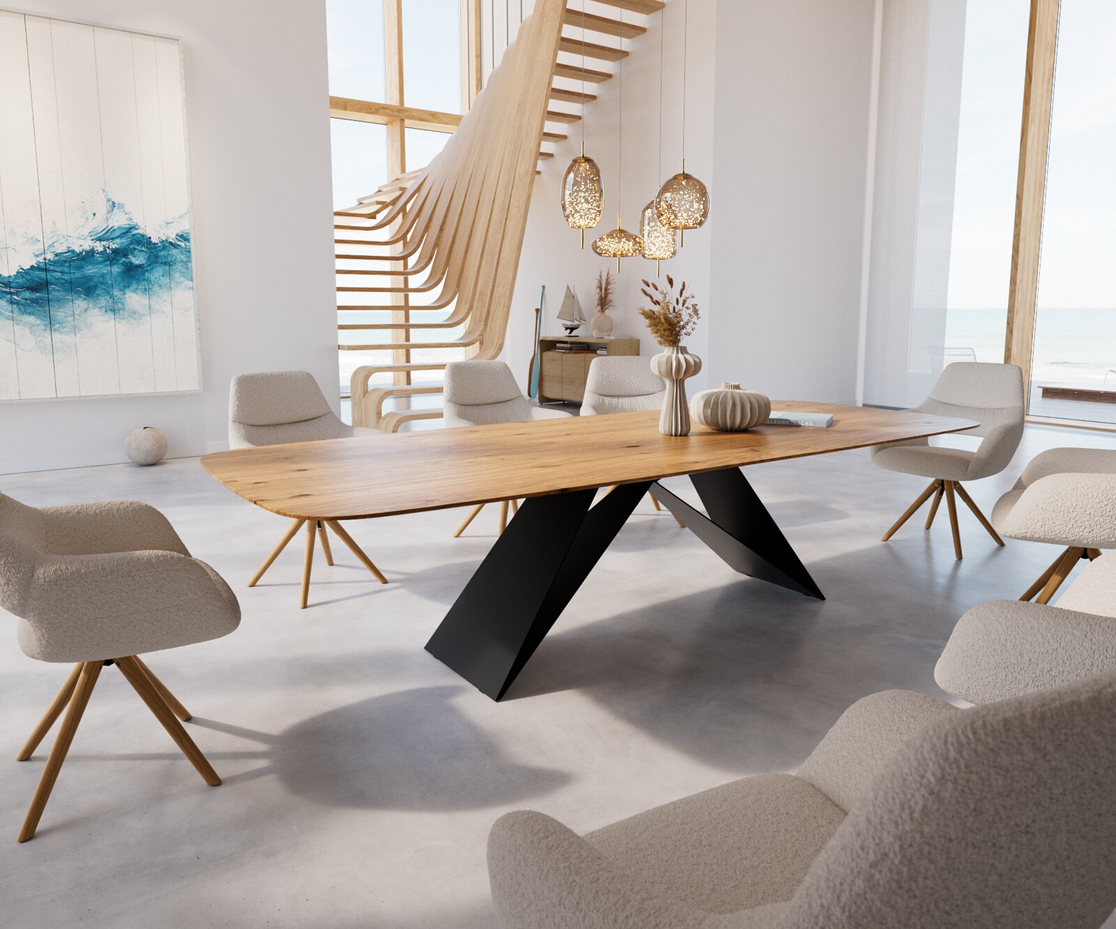 Esstisch Edge Boot 300x120x2,5-3 Eiche Natur V-Gestell Flachstahl Schwarz Schweizer Kante Esstisch Edge Boot 300x120x2,5-3 Eiche Natur V-Gestell Flachstahl Schwarz Schweizer Kante