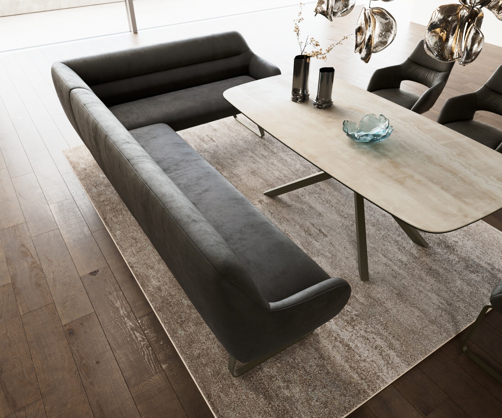 Banc-de-salle-à-manger Taya-Flex 285x190 cm microfibre antracite vintage châssis à patins plat titane ressort ensaché liens 3