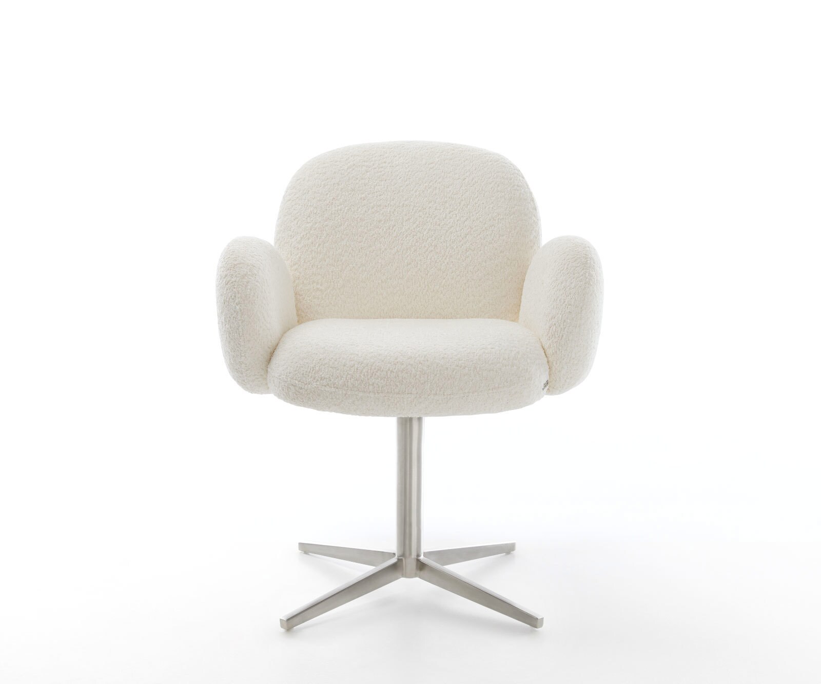 Drehstuhl Nube-Flex mit Armlehnen Bouclé Weiß Fußkreuz Edelstahl 360° drehbar Taschenfederkern 1