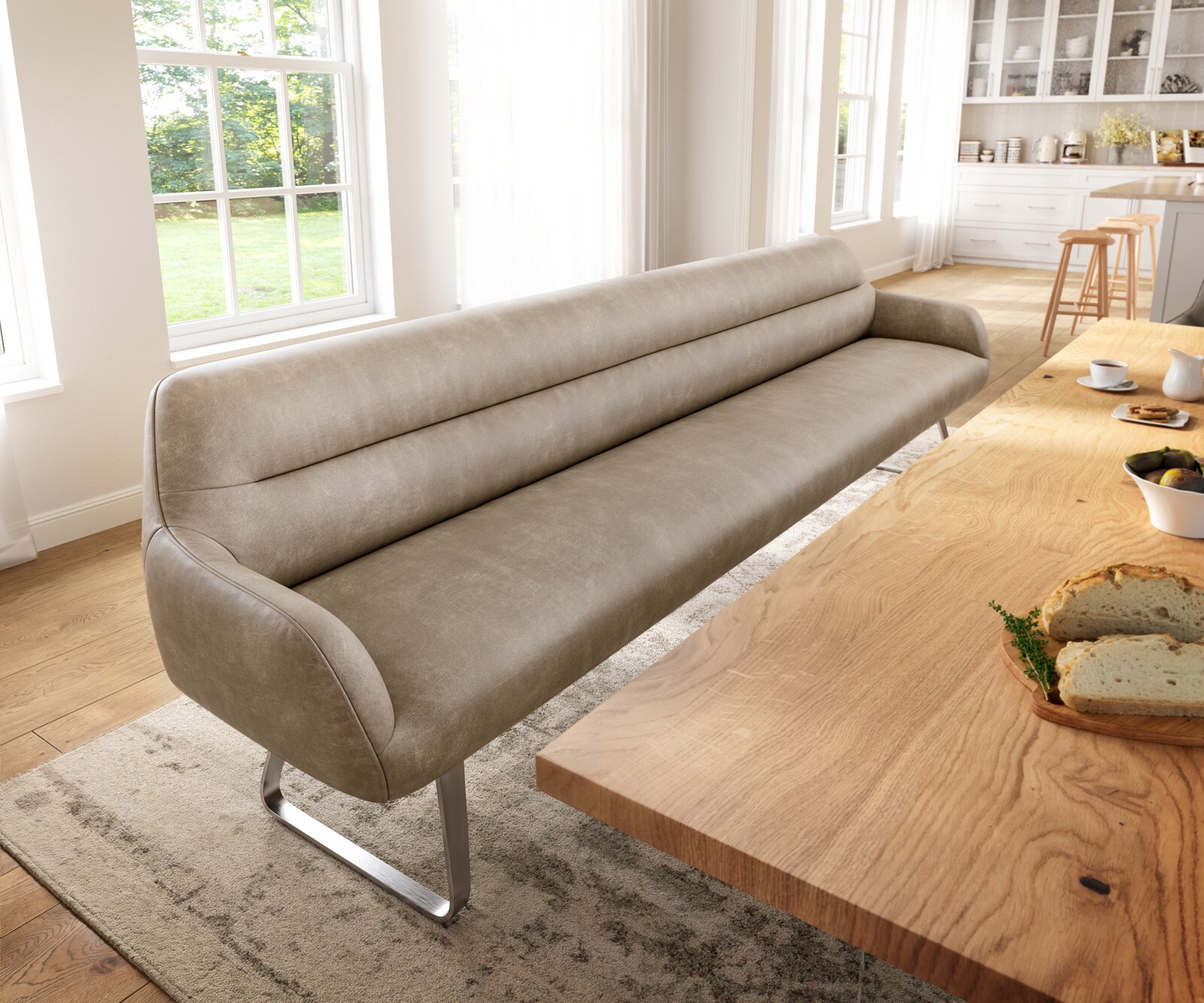 Esszimmerbank Taya-Flex 300 cm Mikrofaser Beige Vintage Kufengestell flach Edelstahl Taschenfederkern 1