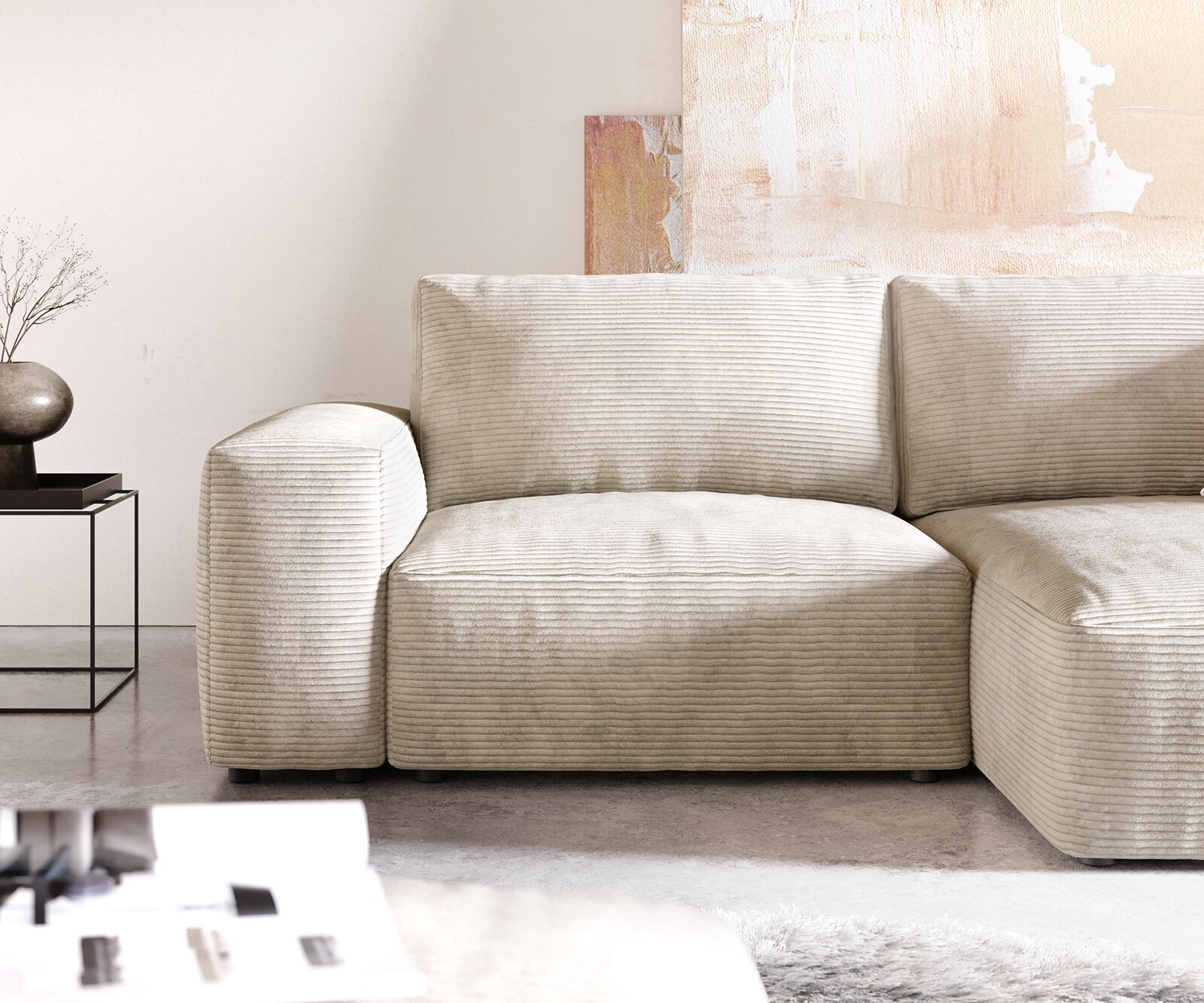 Canapé d’angle Lanzo 230x155 cm velours côtelé beige méridienne réversible avec pouf 4