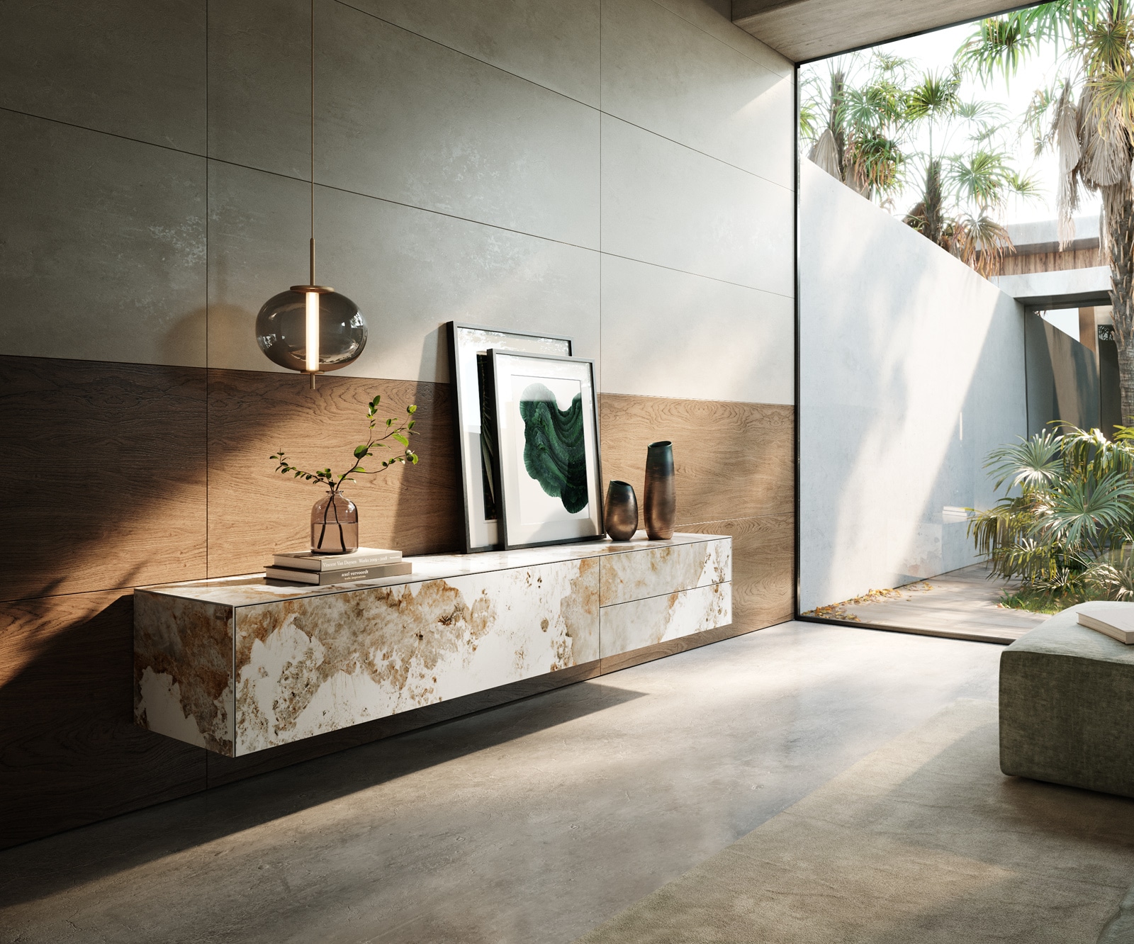 Lowboard Cuor 220 cm Keramik Minas Melange Weiß-Beige 1 Klappe 2 Schubfächer Schwebend Lowboard Cuor 220 cm Keramik Minas Melange Weiß-Beige 1 Klappe 2 Schubfächer Schwebend