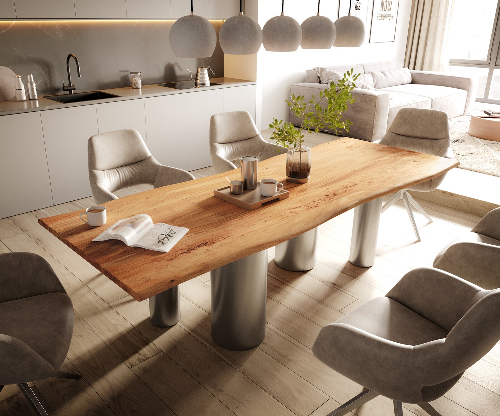 Esstisch Edge 260x100 Akazie Natur Pilier Edelstahl gebürstet Live-Edge 1