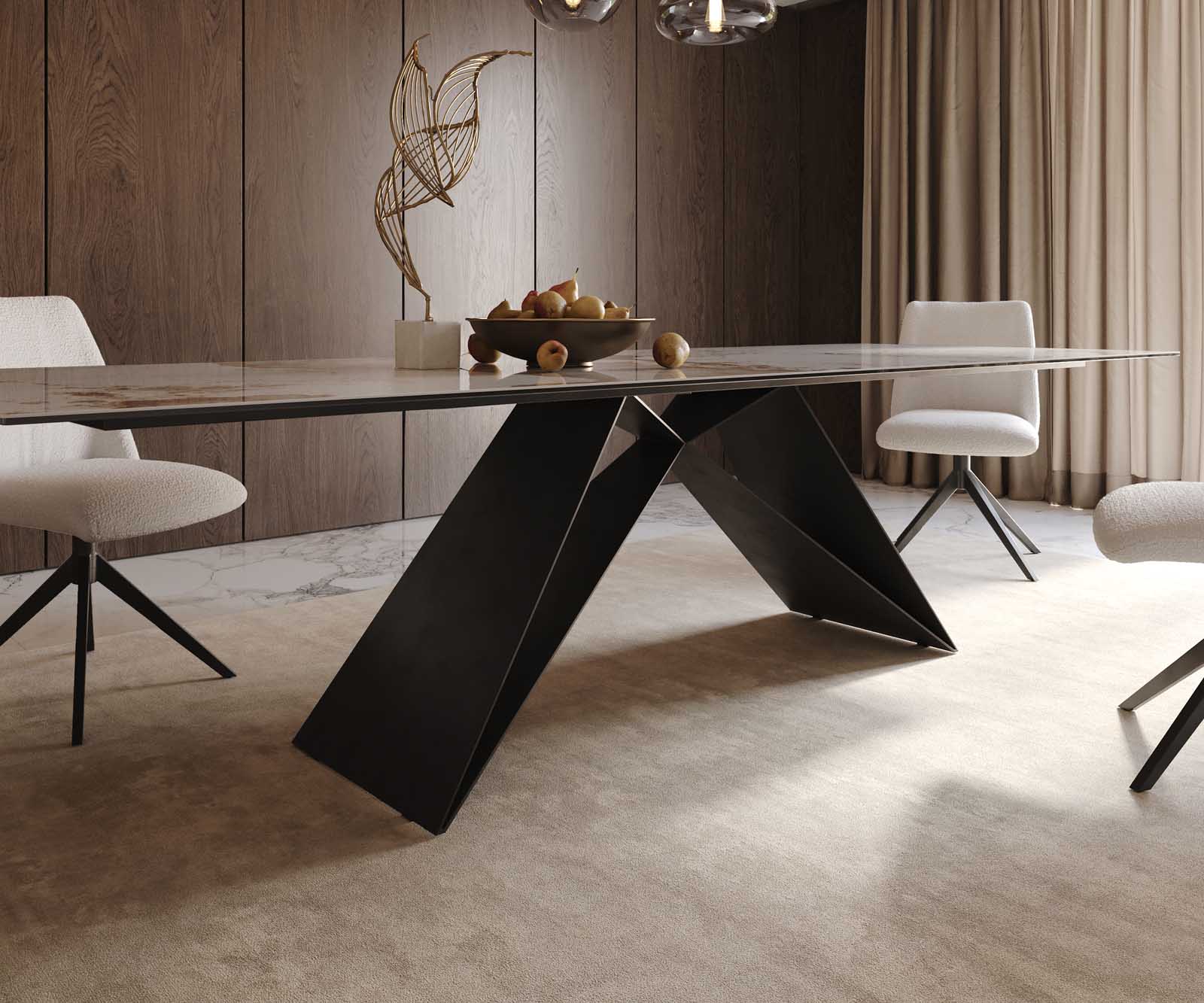 Table à manger Edge 300x100 céramique Minas mélange blanc-beige cadre en V acier plat noir 6