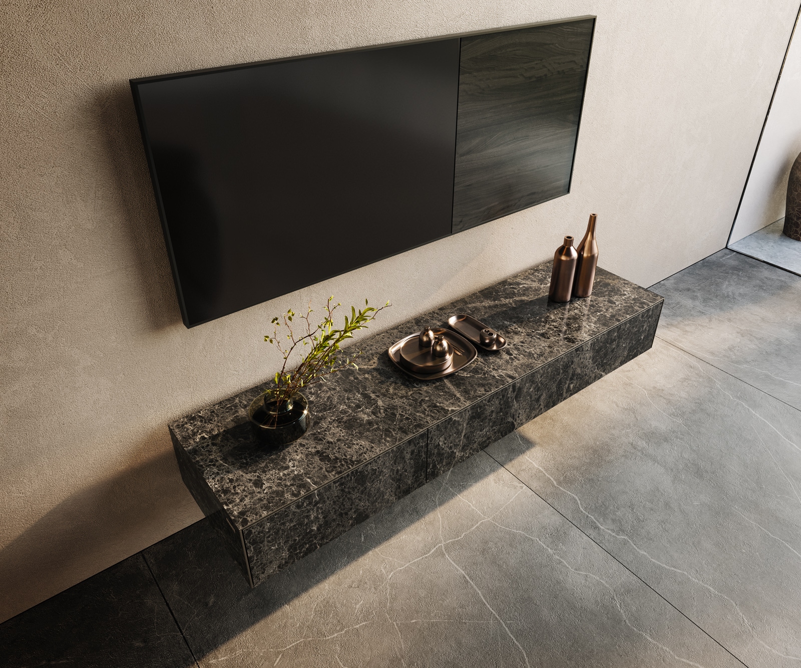 Lowboard Cuor 150 cm Keramik Laminam® Emperador Extra Lucidato Dunkelbraun 1 Klappe 1 Schubfach Schwebend 3 Lowboard Cuor 150 cm Keramik Laminam® Emperador Extra Lucidato Dunkelbraun 1 Klappe 1 Schubfach Schwebend 3