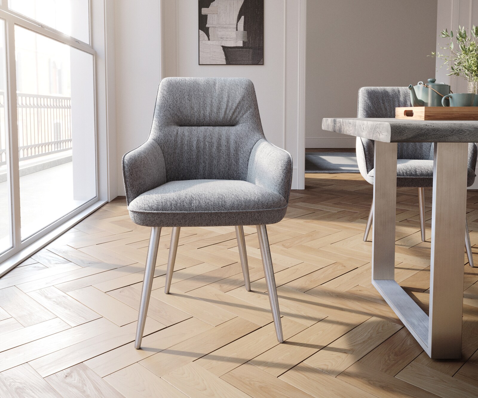 Chaise-de-salle-à-manger Zelia-Flex avec accoudoirs tissu texturé gris clair 4 pieds coniques acier inoxydable brossé ressorts ensachés 1
