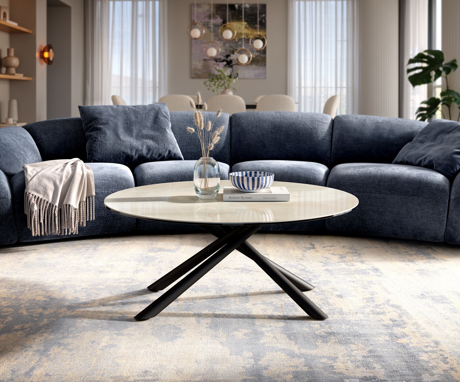 Table basse Edge ronde 100x100 cm céramique Onyx Champagne Sarity métal noir