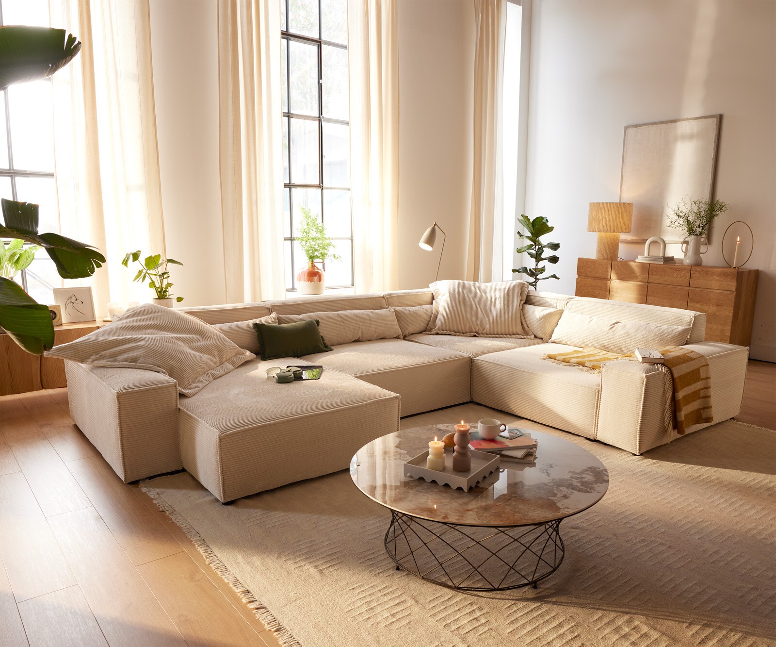 Wohnlandschaft Sirpio XL 360x260 cm Cord Beige Recamiere variabel