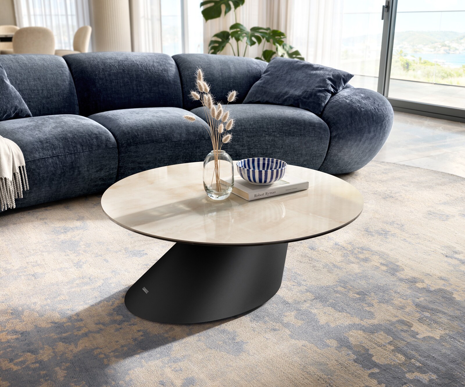 Table basse Edge ronde 90x90 cm céramique Onyx Champagne Conis métal noir