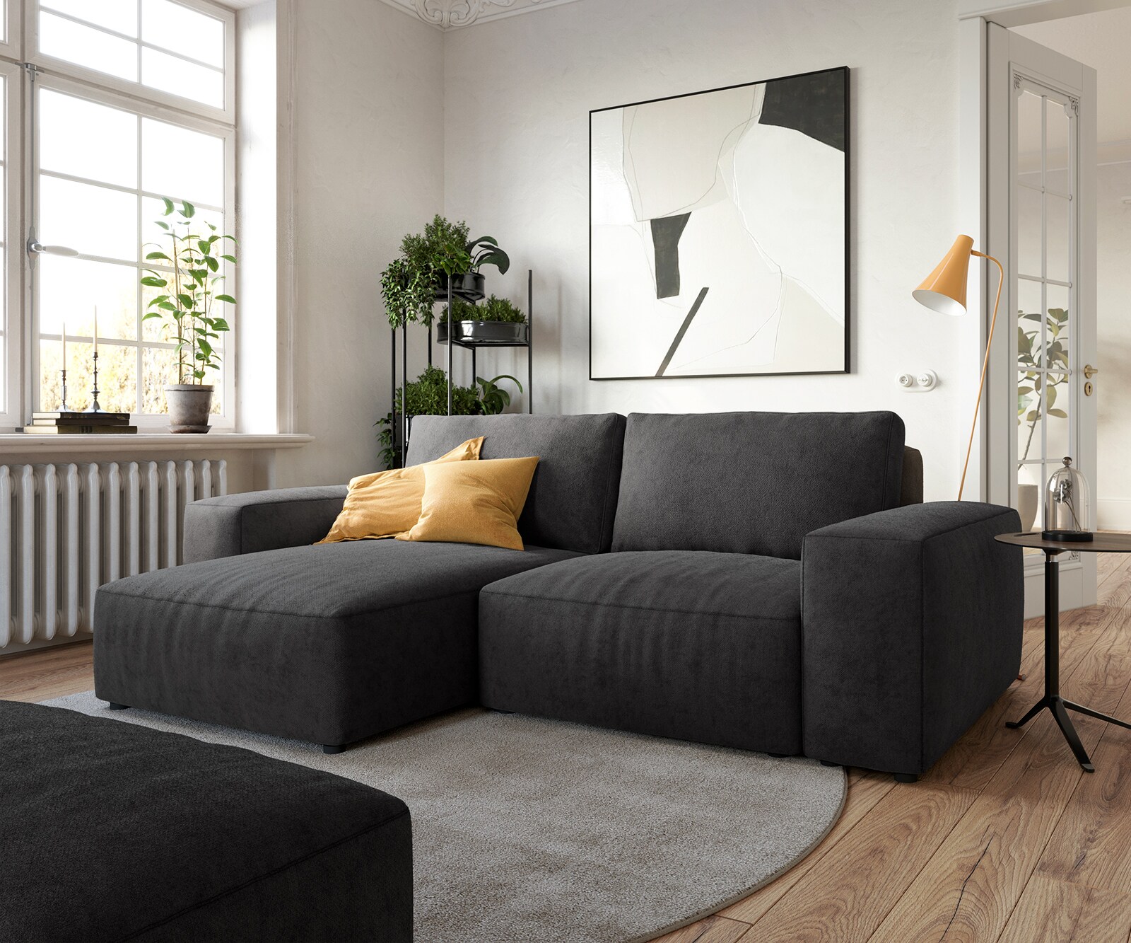 Canapé d’angle Lanzo 230x155 cm microfibre noir méridienne réversible avec pouf