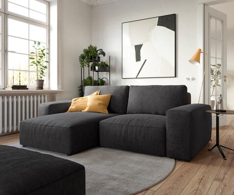 Ecksofa Lanzo 230x155 cm Mikrofaser Schwarz Recamiere variabel mit Hocker