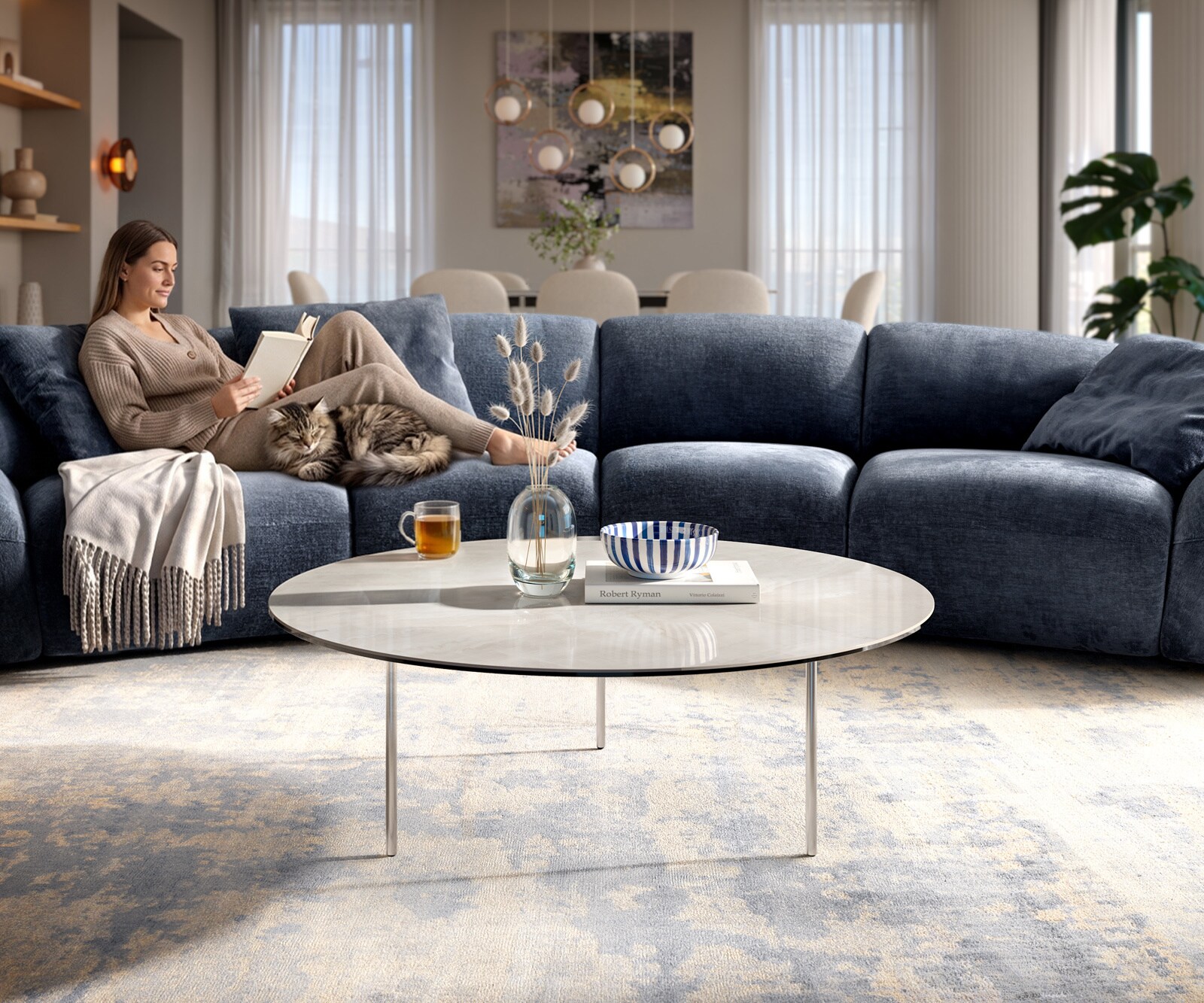 Table basse Edge ronde 100x100 cm céramique Onyx Champagne Trive acier inoxydable brossé 2