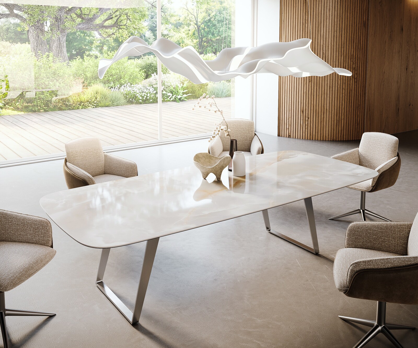 Table à manger Edge Boot 270x120 cm Céramique Iris FMG Onice Grigio Acier inoxydable Oblique 1
