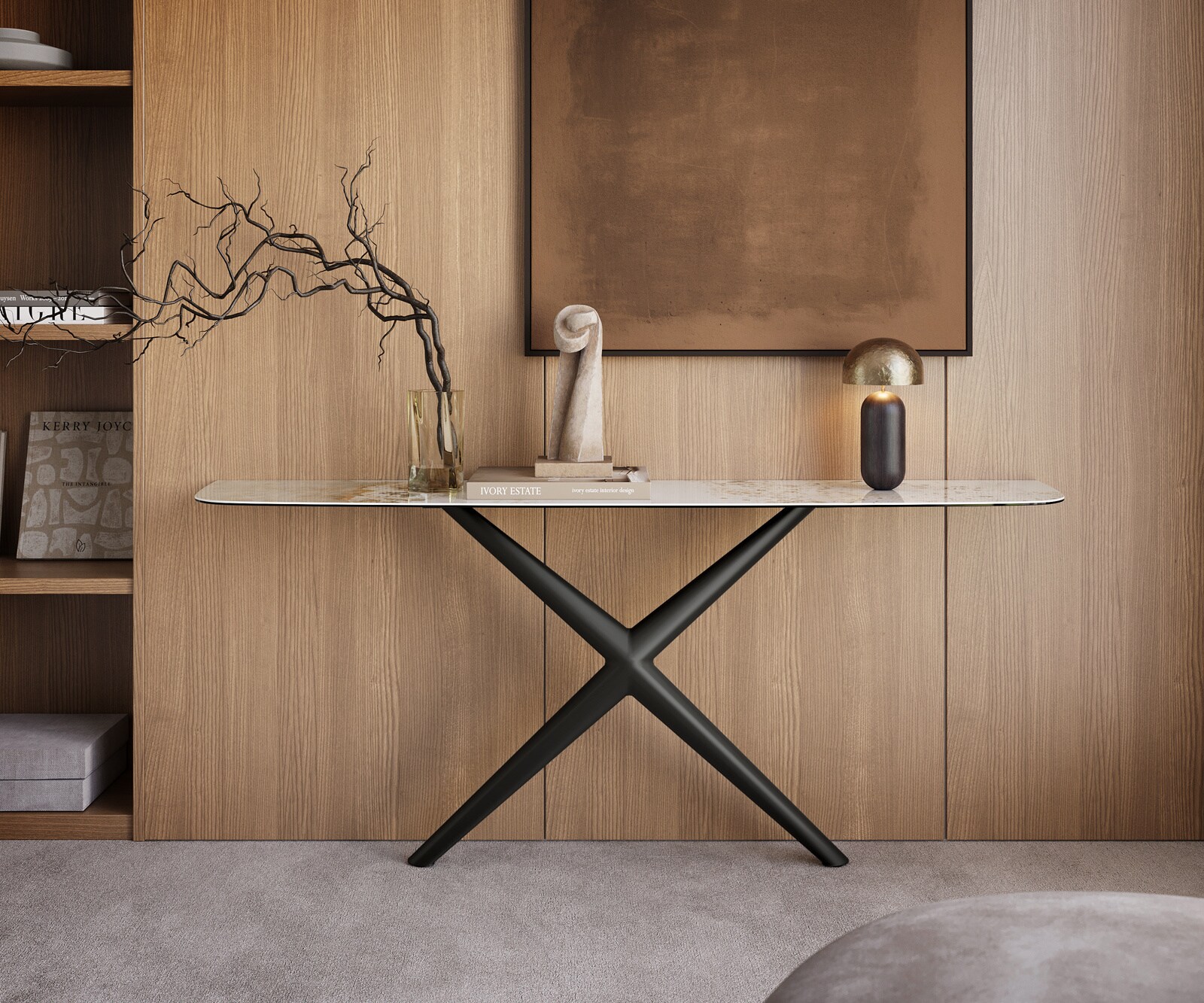 Console Edge forme bateau 180x40 cm Céramique Minas Melange Weiß-Beige Estelo Métal Noir 4