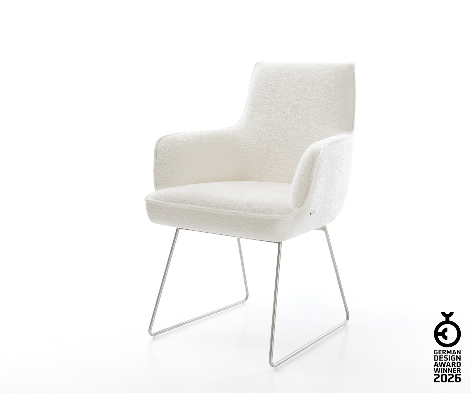 Esszimmerstuhl Heira-Flex mit Armlehnen Bouclé Soft Beige Kufengestell Edelstahl Taschenfederkern 1