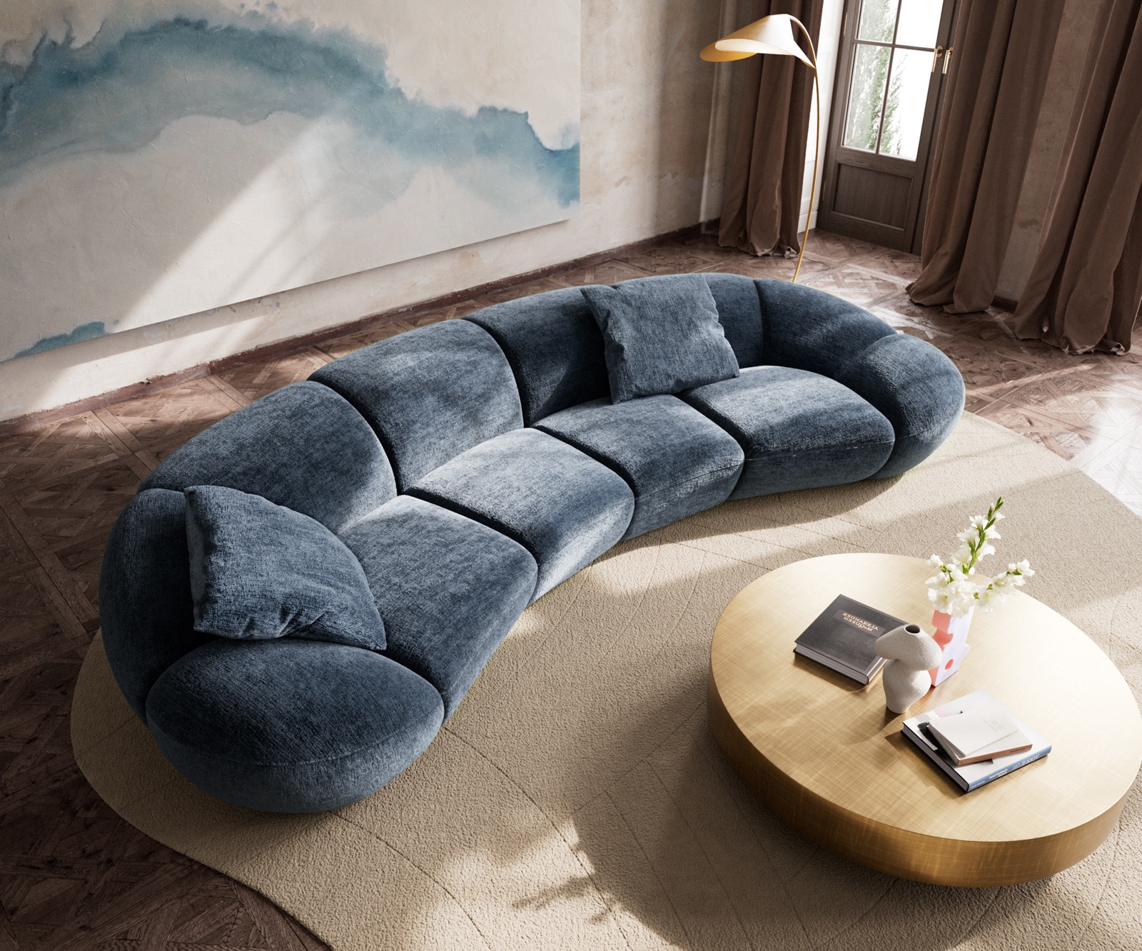 Grand canapé Lunna 360x175 cm chenille bleu 2 coussins 3 Grand canapé Lunna 360x175 cm chenille bleu 2 coussins 3