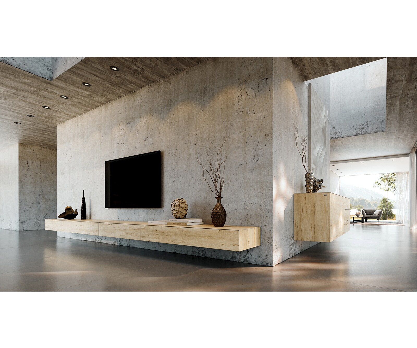 Lowboard Cuor 150 cm Keramik Laminam® Sabbia Eichefarbig 1 Klappe 1 Schubfach Fuß Schwebeoptik Edelstahl 6