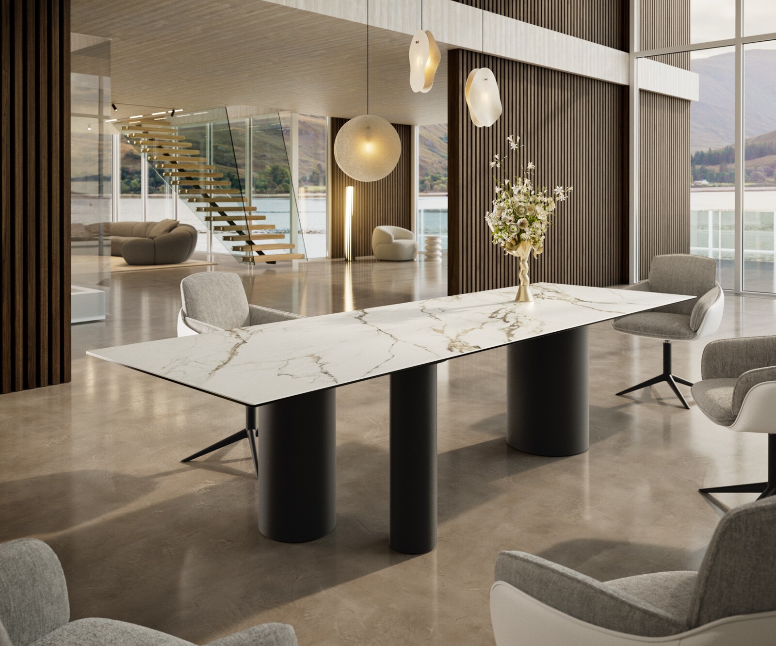 Esstisch Edge 300x100 Keramik Calacatta Luxe Weiß-Gold-Grau Troa Metall Schwarz 1