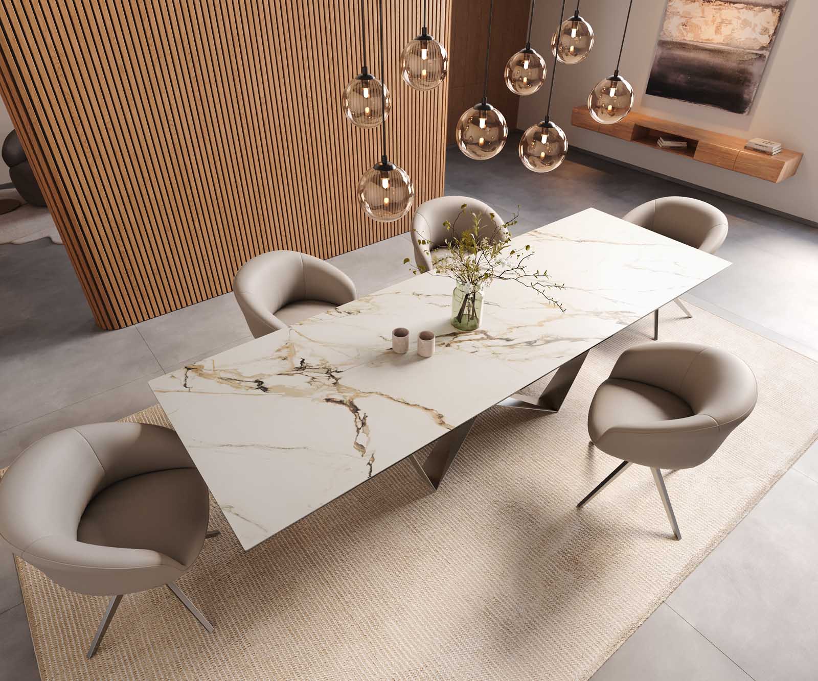 Table à manger Edge 300x100 céramique Calacatta Luxe blanc-doré-gris Spider acier plat acier inoxydable 6