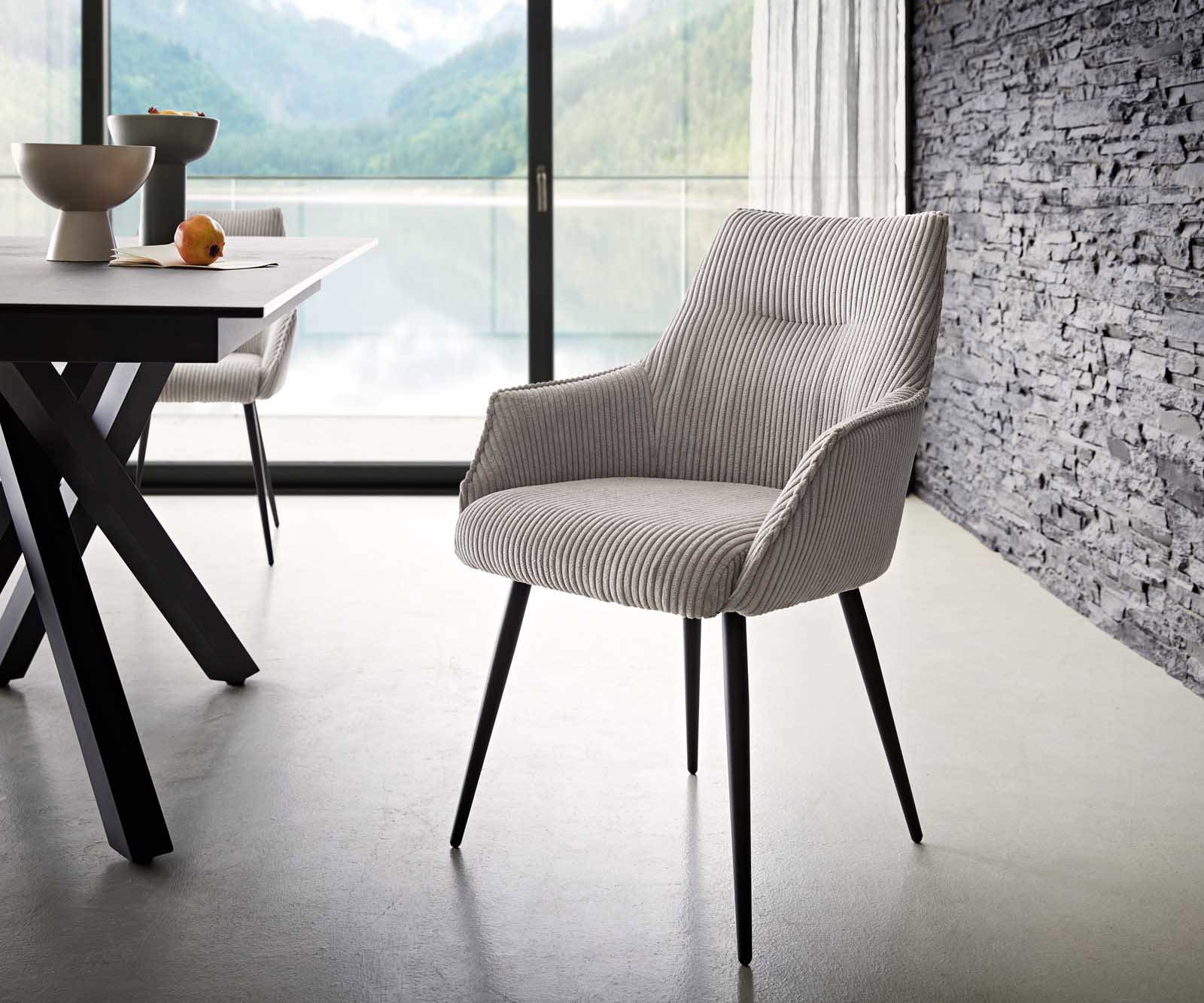 Chaise-de-salle-à-manger Alja-Flex avec accoudoirs côtelé gris argenté 4 pieds coniques noir ressorts ensachés