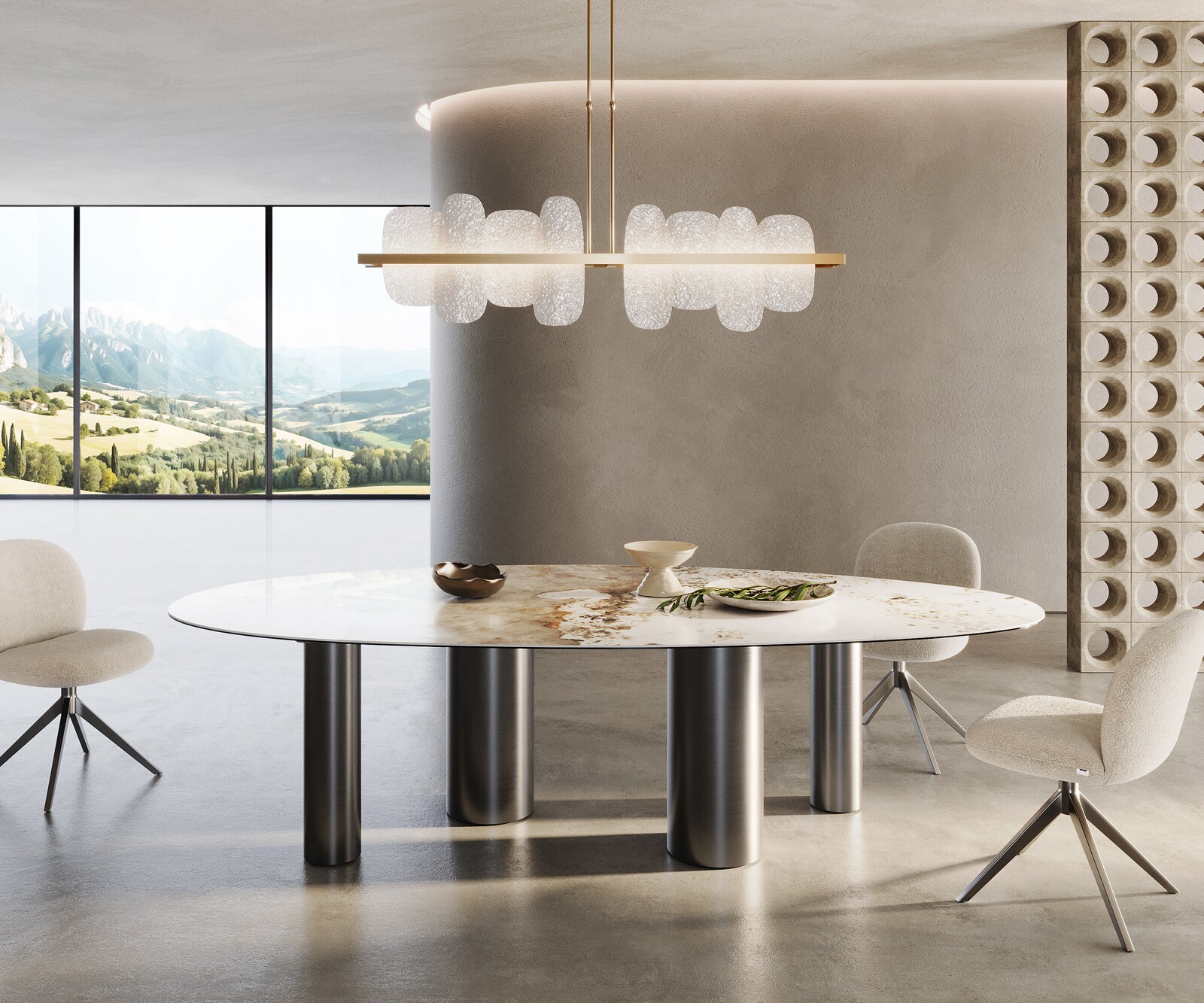 Table à manger Edge Ovale 280x130 Céramique Minas Melange Blanc-Beige Pilier Acier inoxydable Graphite