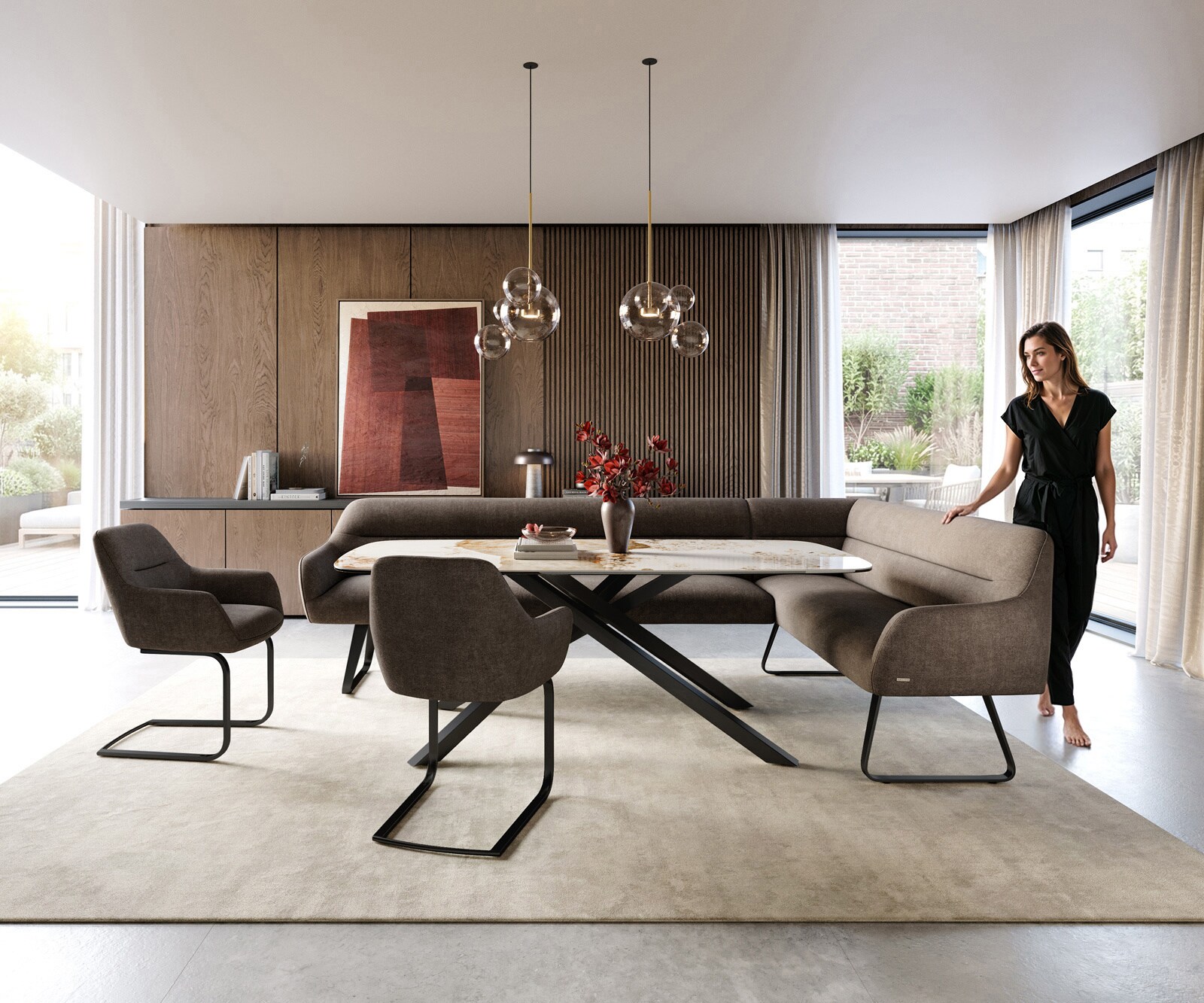 Esszimmerbank Taya-Flex 285x190 cm Strukturstoff Soft Taupe Kufengestell flach Schwarz Taschenfederkern Links 2