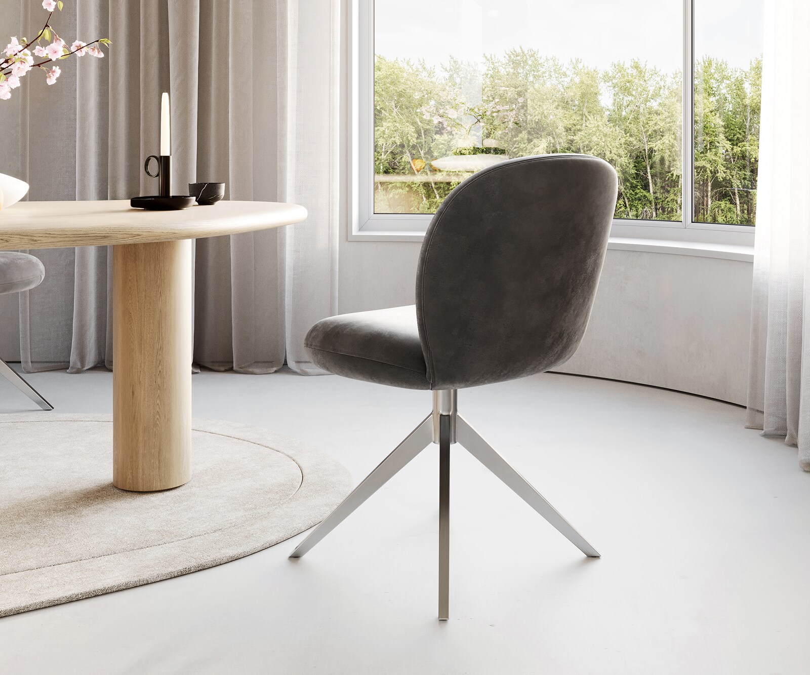 Chaise-pivotante Nube-Flex microvelours anthracite vintage pied croisé large acier inoxydable brossé pivotement sur 360° ressorts ensachés 4