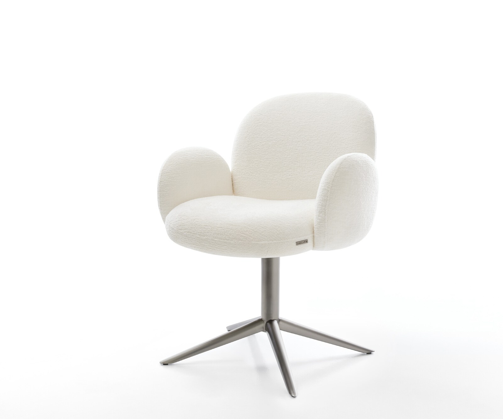 Chaise-pivotante Nube-Flex avec accoudoirs bouclé doux beige pied de chaise 4 branches grafiete pivotement sur 360° fonction bascule resorts ensachés