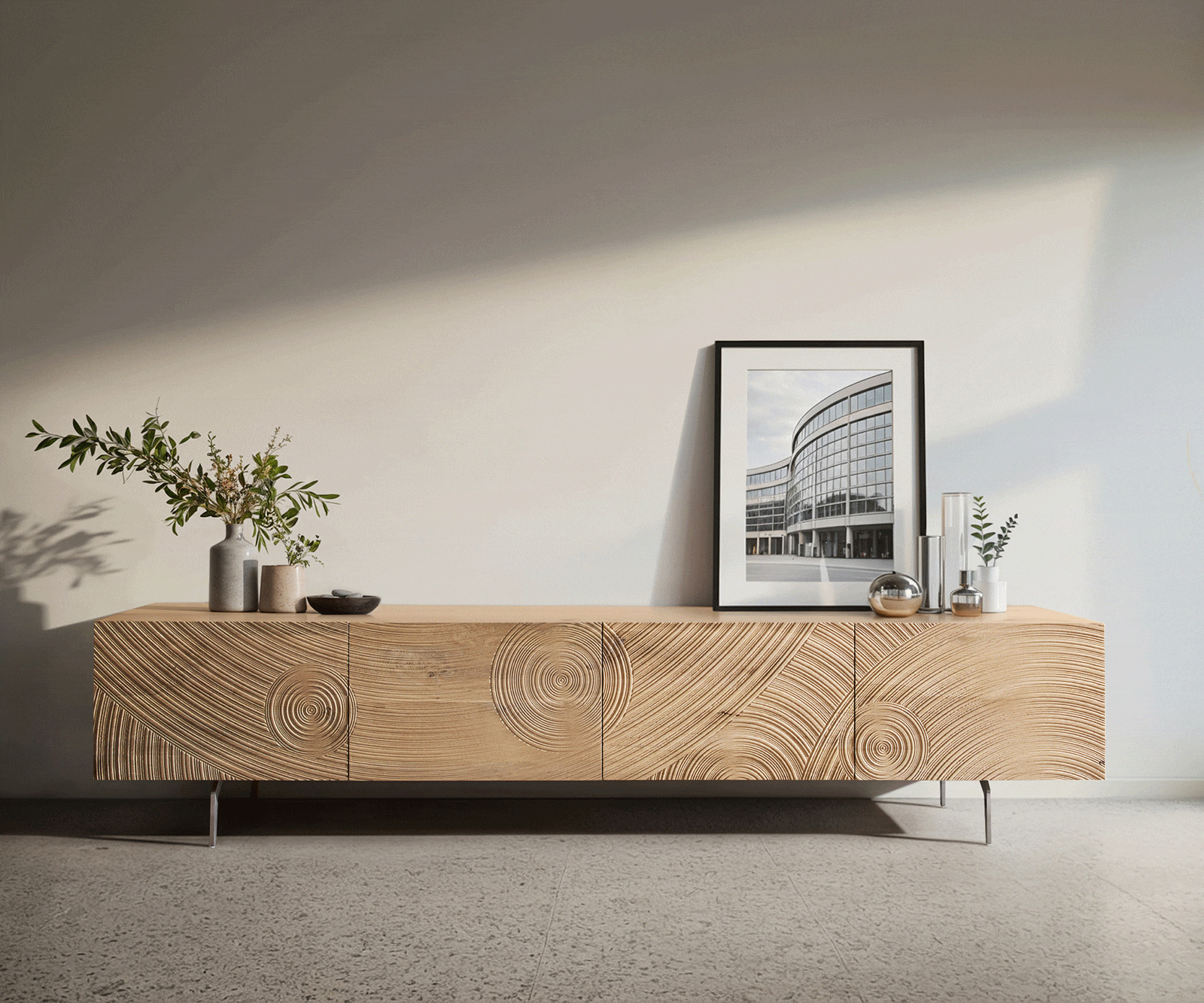 Lowboard Ashara 220 cm Eiche Natur 3D Effekt 4 Türen Winkelfuß Edelstahl gebürstet 5