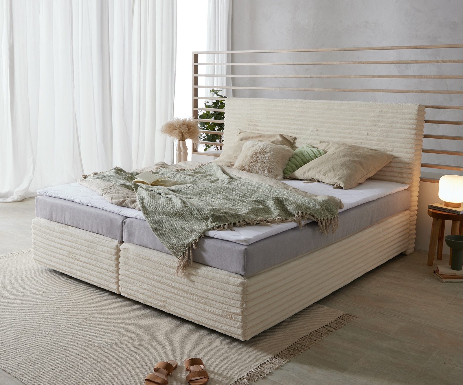 Boxspringbett Dream-Well Plüsch-Cord Beige 180x200 cm Bonell-Matratze PU-Topper Boxspringbett Dream-Well Plüsch-Cord Beige 180x200 cm Bonell-Matratze PU-Topper