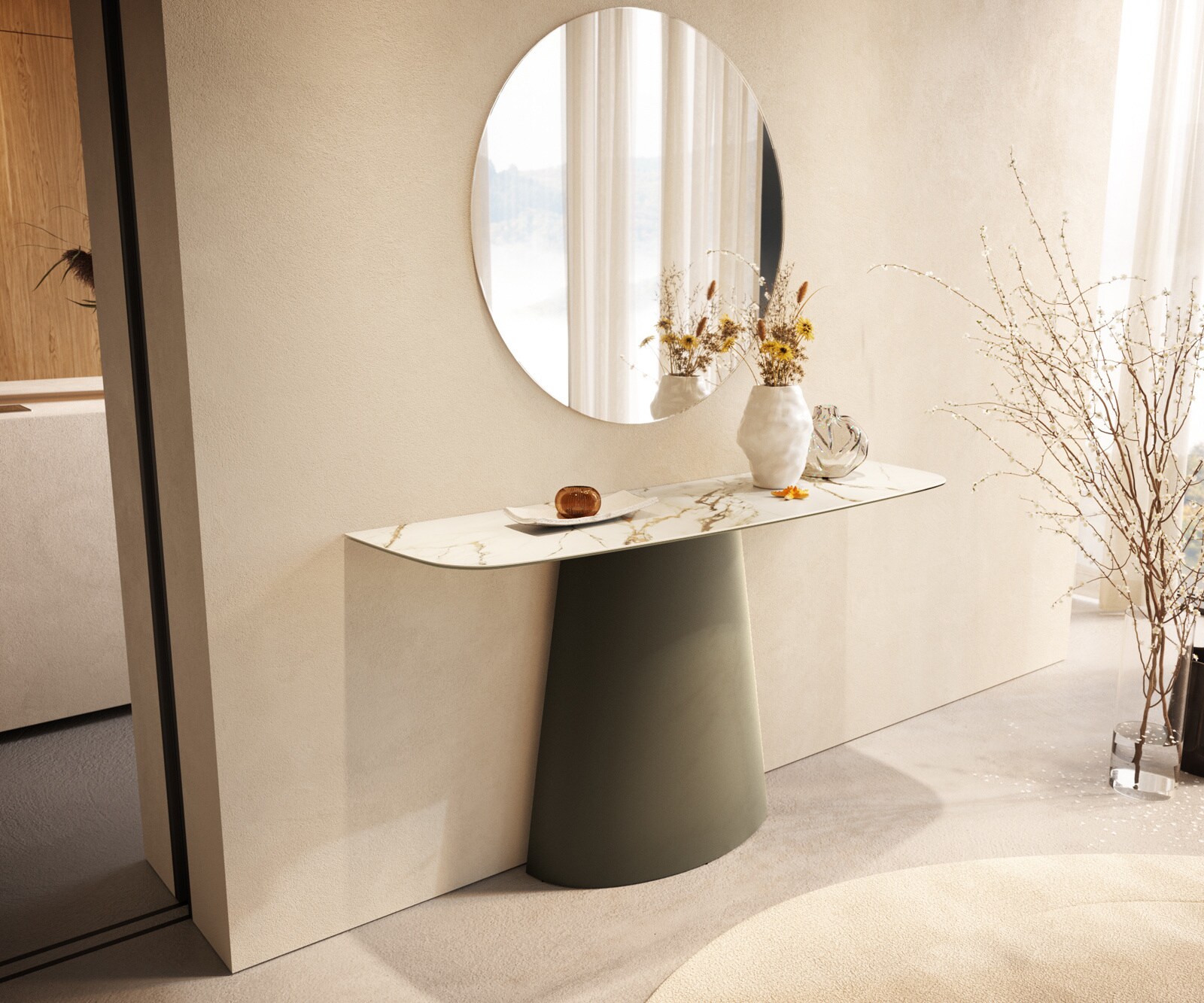 Console Edge forme bateau 140x40 cm Céramique Calacatta Luxe Weiß-Gold-Gris Conos Métal Effektfinish Titan