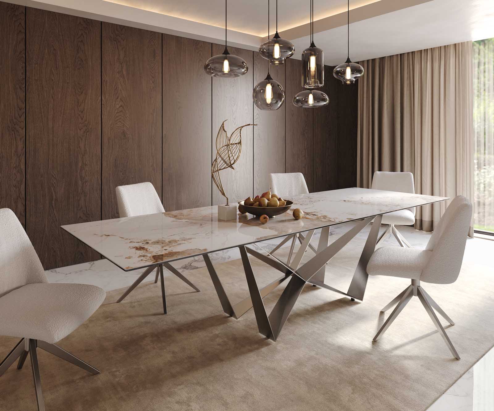 Table à manger Edge 300x100 céramique Minas mélange blanc-beige Spider acier plat acier inoxydable 1