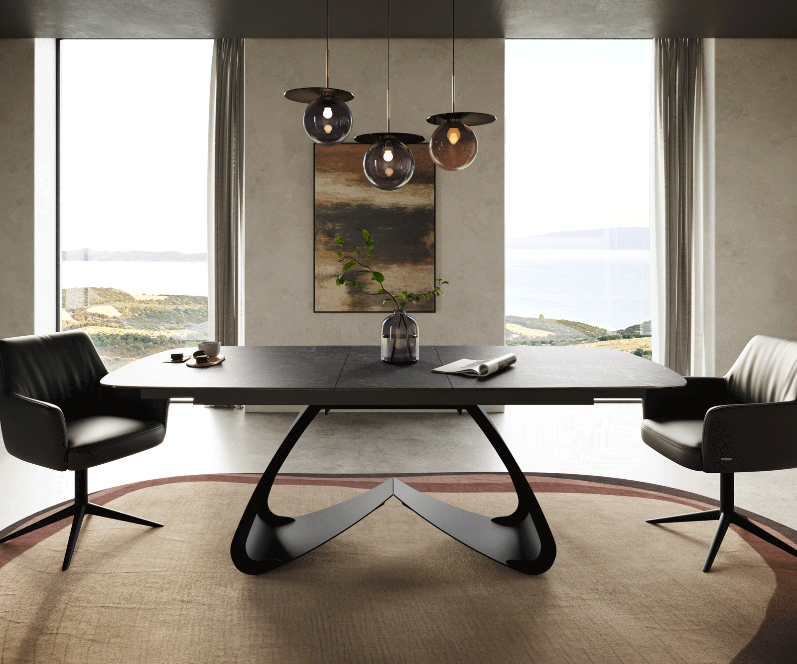 Esstisch Edge Boot 180-220x100 cm Keramik Laminam® Nero Greco Anthrazit W-Gestell Metall Schwarz ausziehbar 1