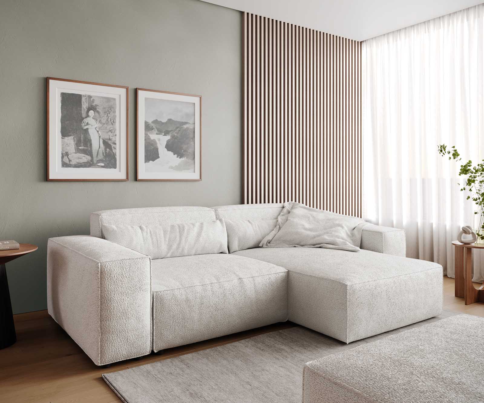 Ecksofa Sirpio 230x150 cm Bouclé Creme-Weiß Recamiere variabel mit Hocker Ecksofa Sirpio 230x150 cm Bouclé Creme-Weiß Recamiere variabel mit Hocker